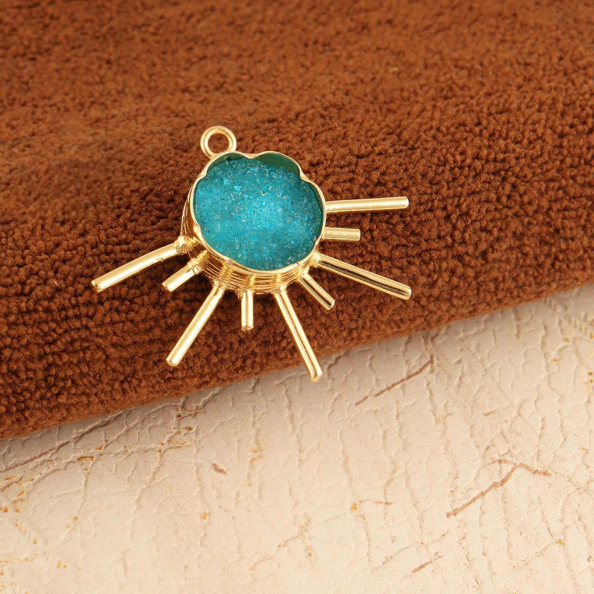 Natural Sky Blue Agate Druzy Pendant, Gold Plated Rising Sun Charm