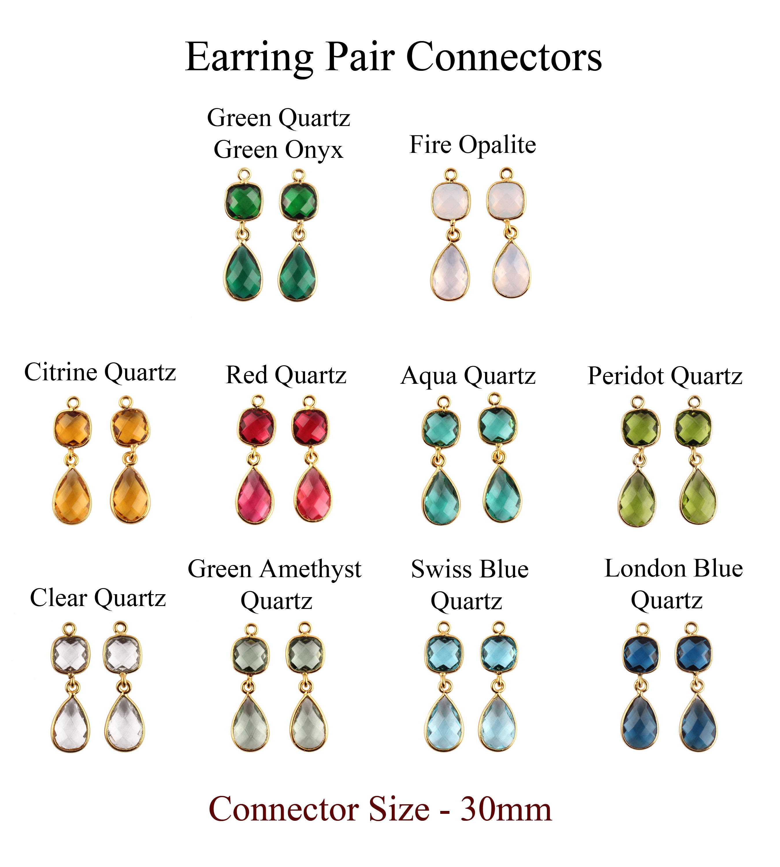 Hydro Quartz Gold Plated Earring Connectors, Cushion Pear Gemstone Dangle Pair Charms
