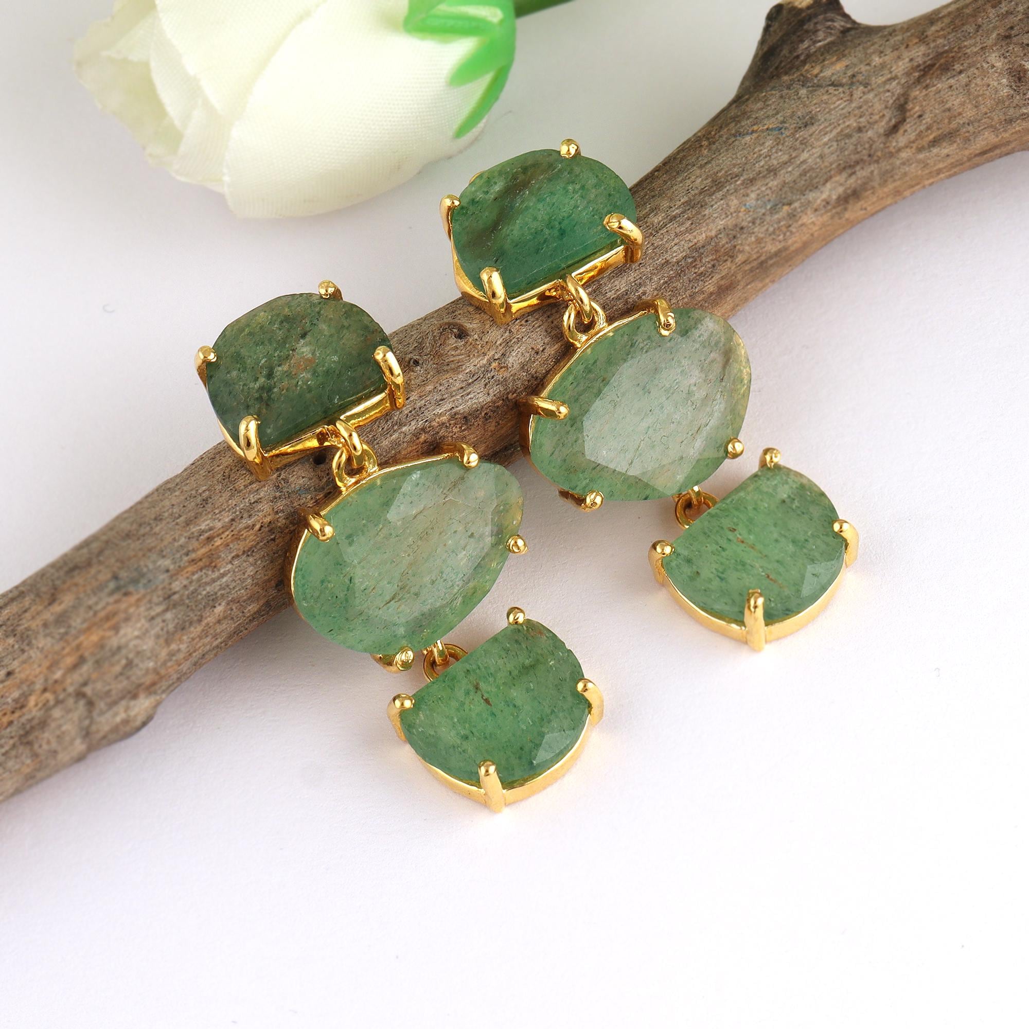 Strawberry Quartz & Onyx Gemstone Earrings, Gold Plated Prong Set Connectors
