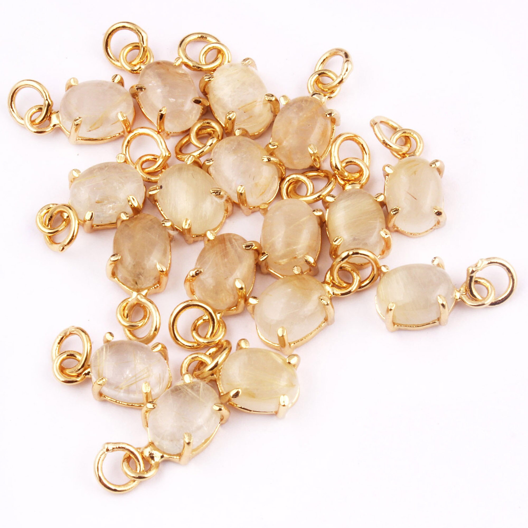 Natural Golden Rutile Pendant Connector, Gold Plated 6x8mm Oval Charm