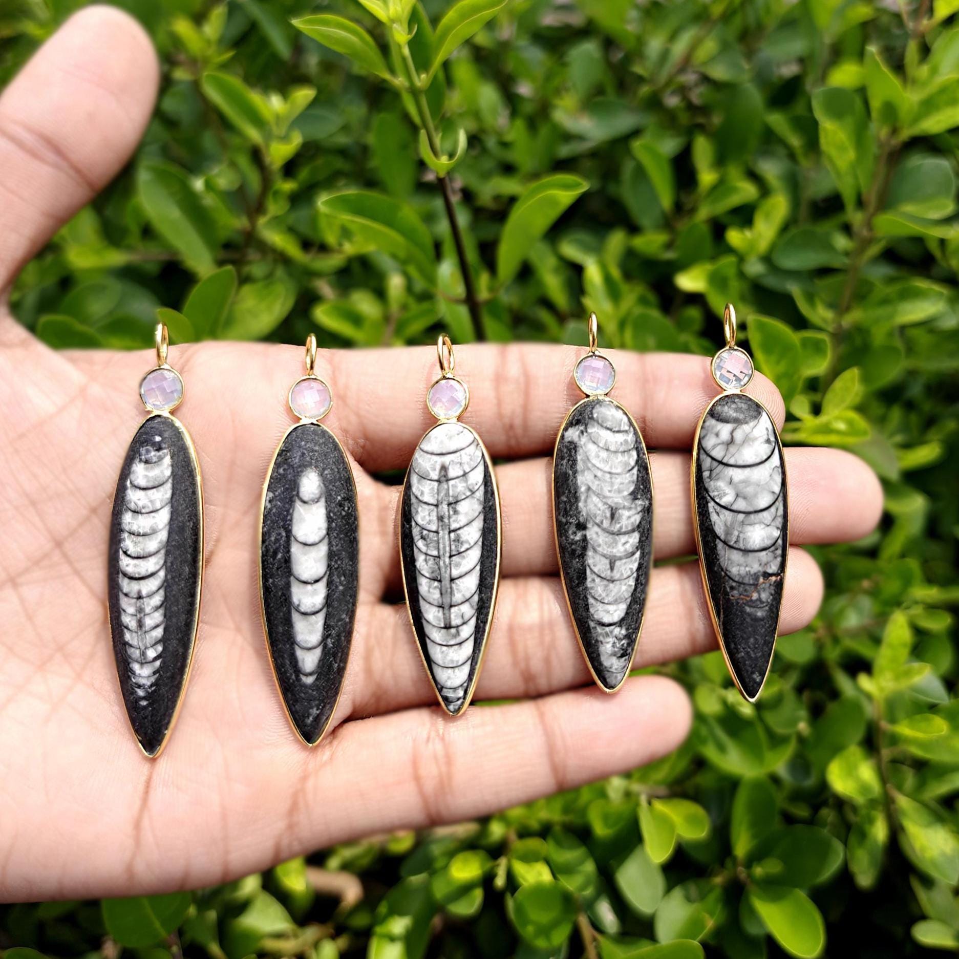 Gold Plated Orthoceras Fossil Teardrop Pendant, Opalite Quartz Necklace Connector
