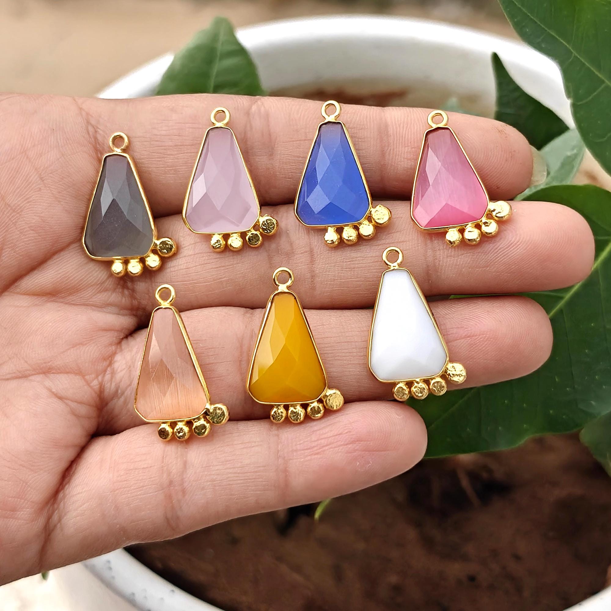 Gold Plated Chalcedony Cats Eye Gemstone Charms