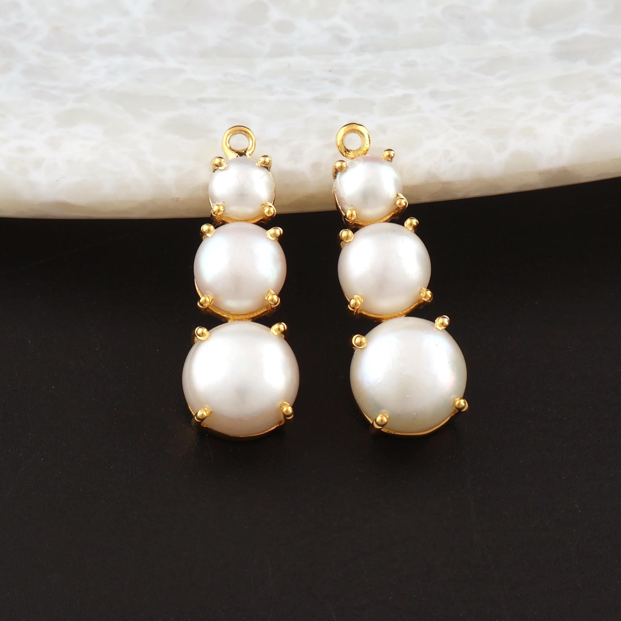Natural Freshwater Pearl Earring Connectors, Gold Plated Prong Set June Birthstone