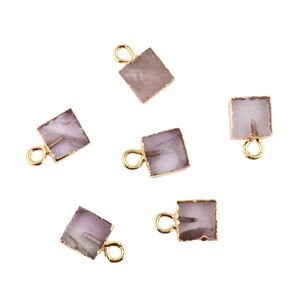 May include: Six gold-plated square charms with a purple amethyst stone. Each charm has a loop for attaching to a necklace or bracelet.