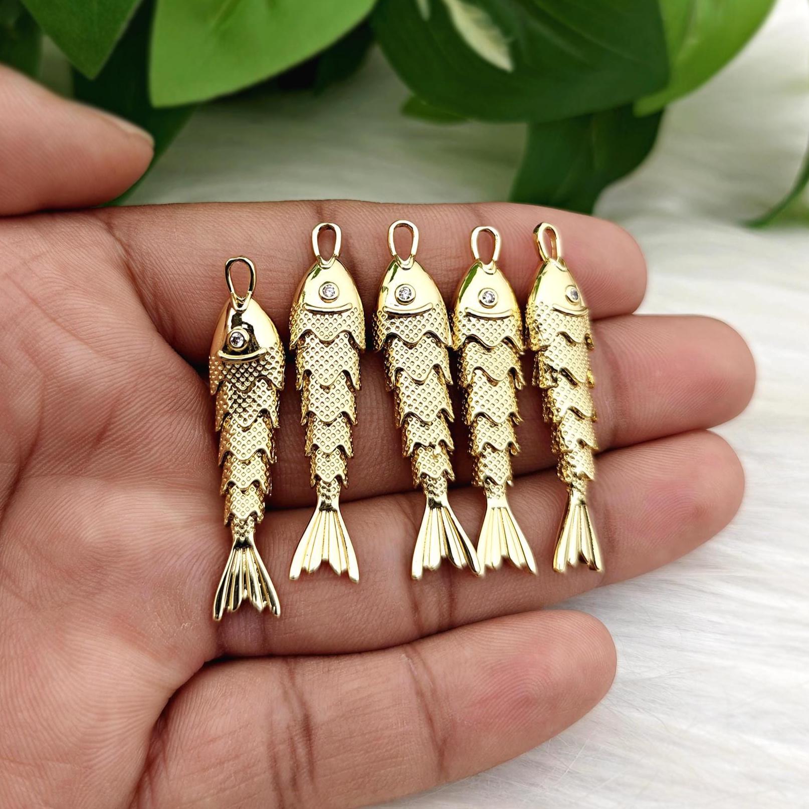 18K Gold Plated Fish Pendant Charm, Ocean Necklace Connector (46mm