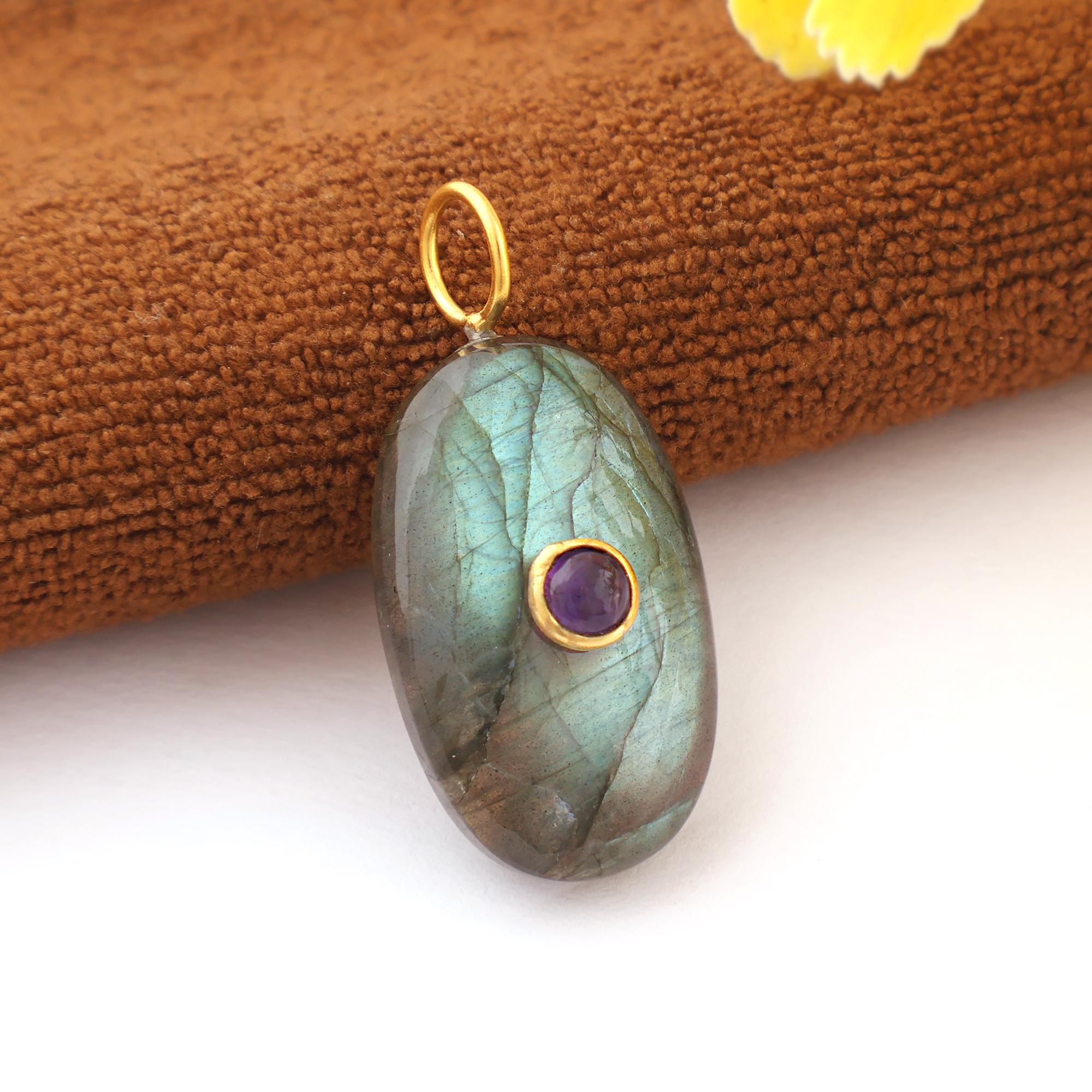 Natural Labradorite Oval Pendant, Gold Plated Amethyst Charm for