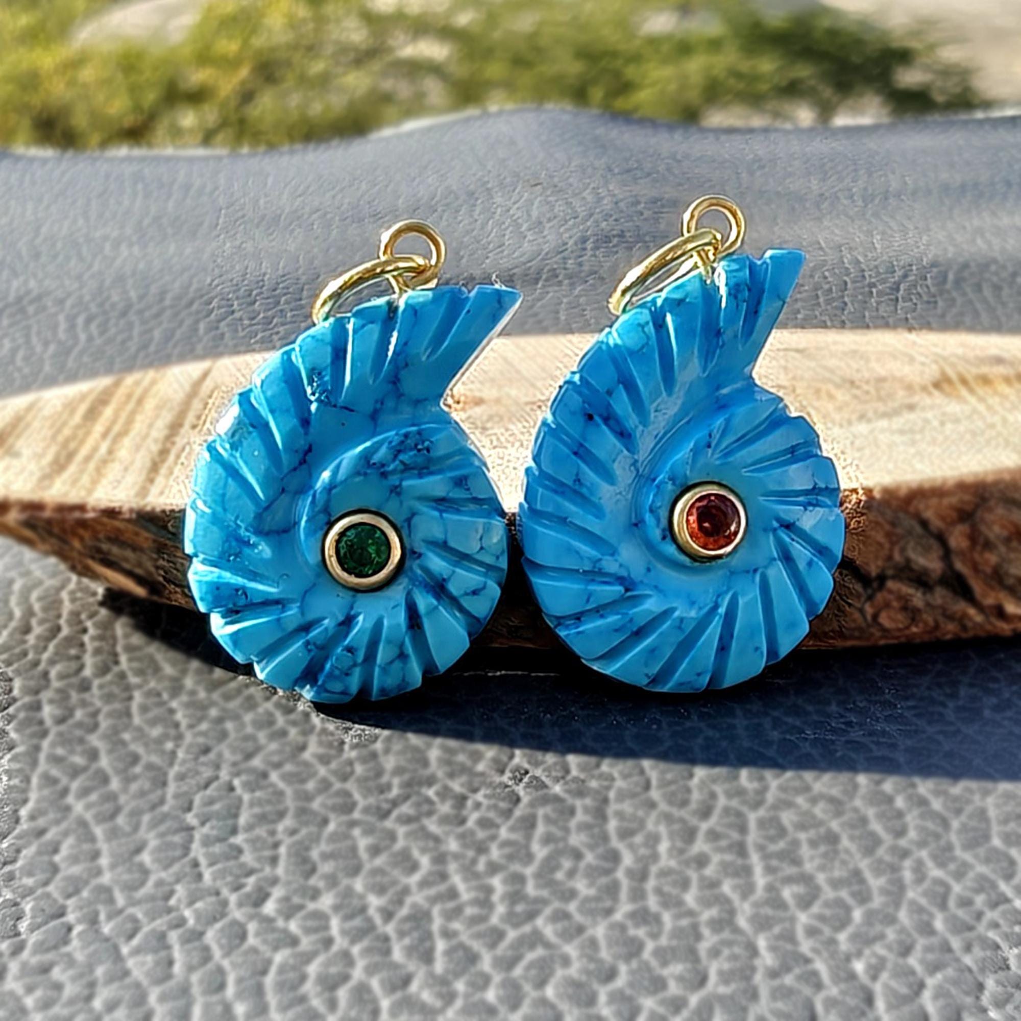 Blue Turquoise Ammonite Carved Pendant Charm with Emerald & Orange CZ Accents