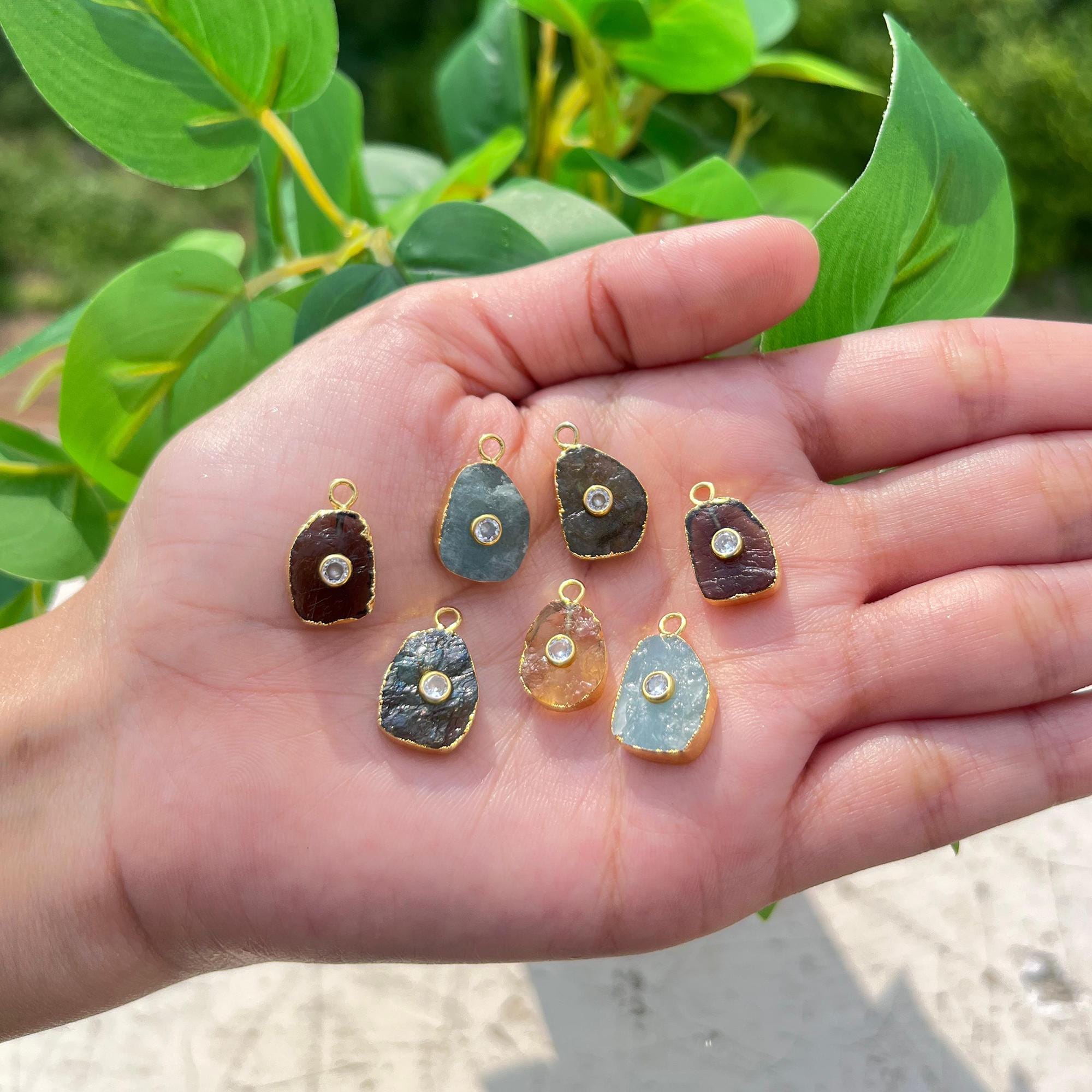 Gold Electroplated Raw Gemstone Pendant, Labradorite, Aquamarine