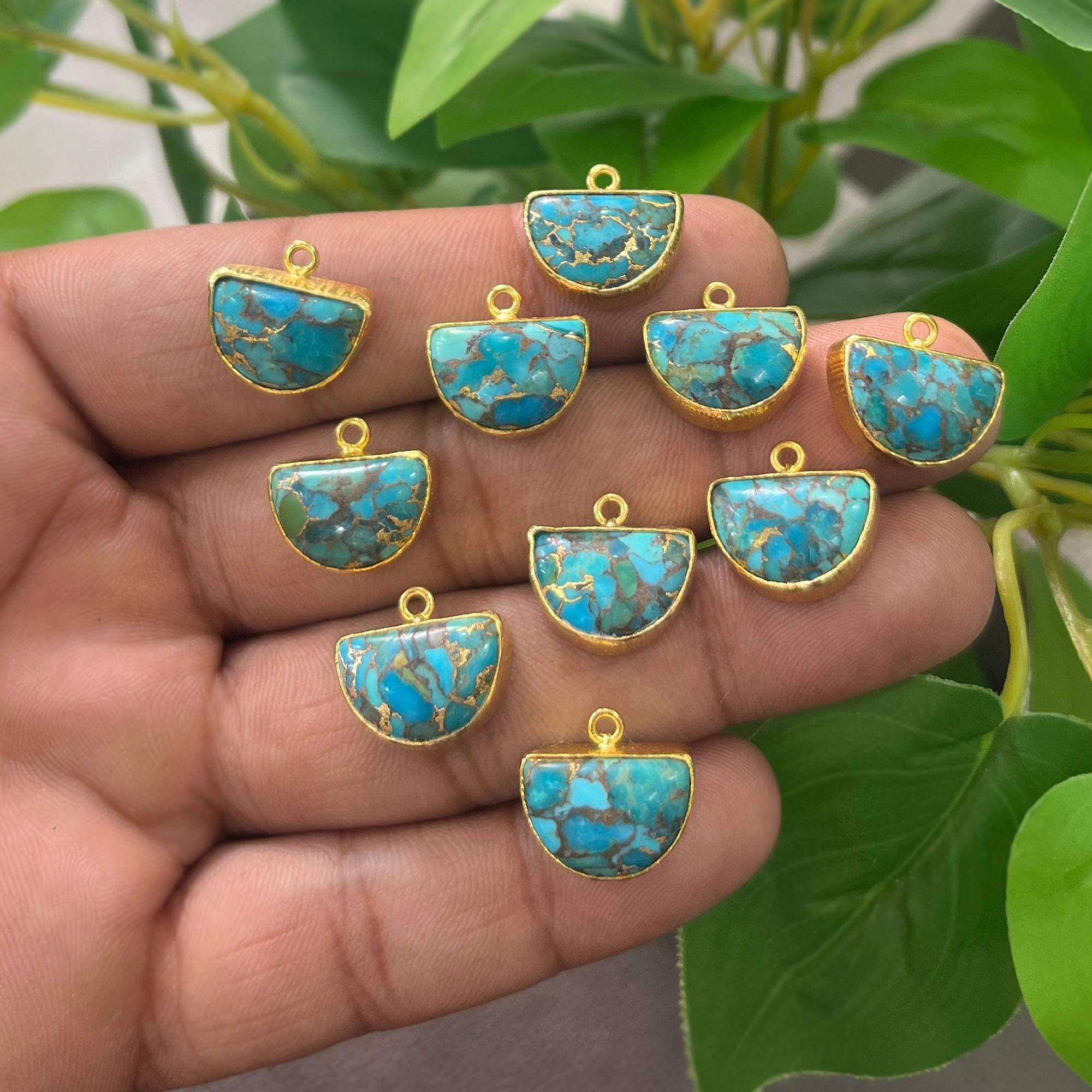 Gold Plated Copper Turquoise Pendant Charm, 10x15mm D Shape Connector Jewelry