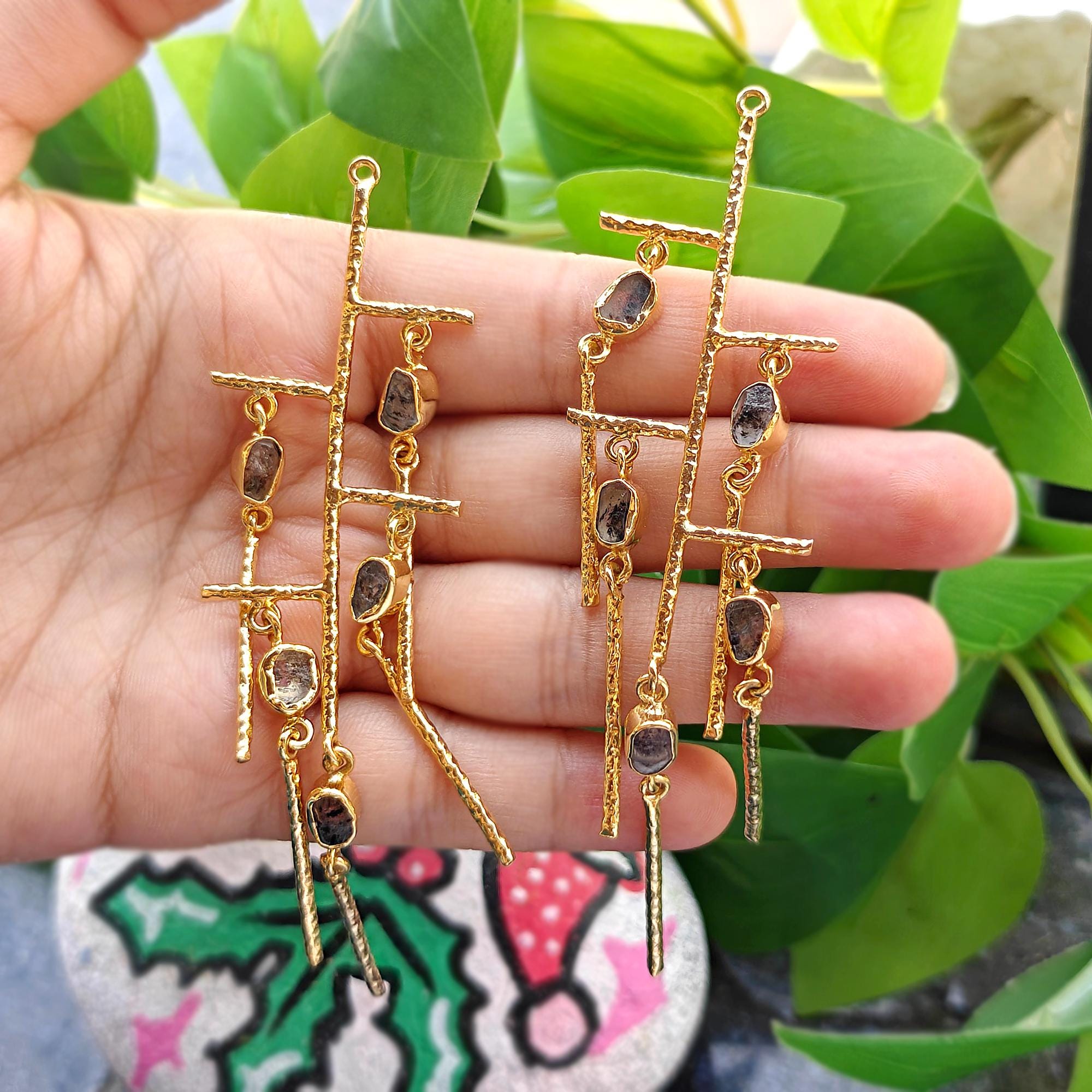 Raw Herkimer Diamond Earring, 18k Gold Plated Brass Crystal Connector Pair
