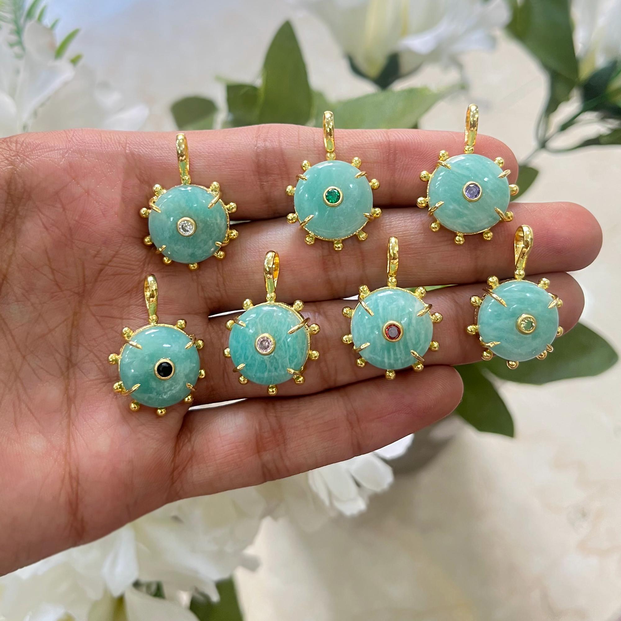 Gold Plated Amazonite Pendant, Round Cabochon with CZ Accent Natural Gemstone