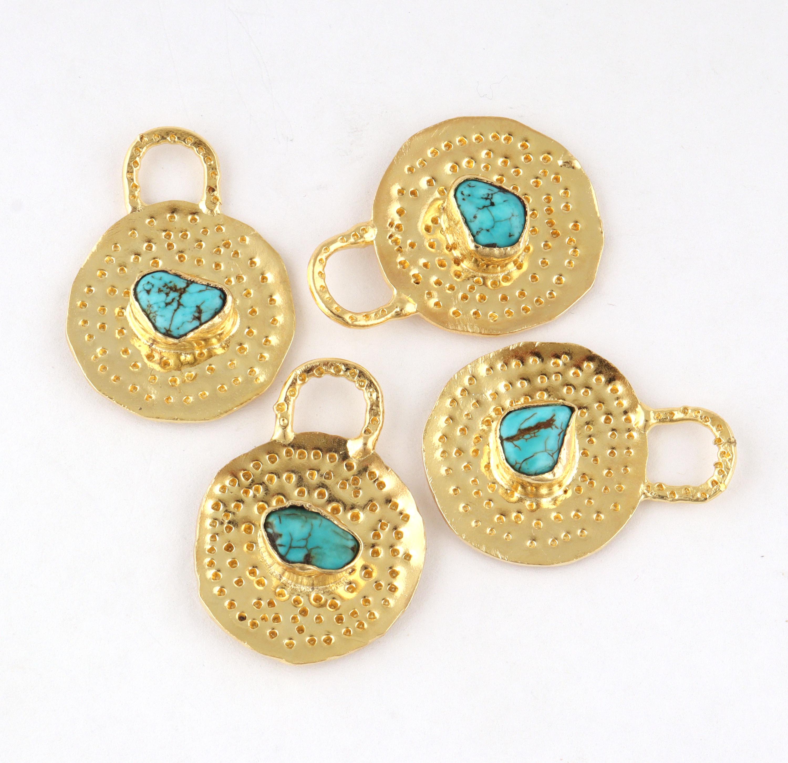Raw Turquoise Pendant Charm, Gold Plated Hammered Design Connector 1 Piece
