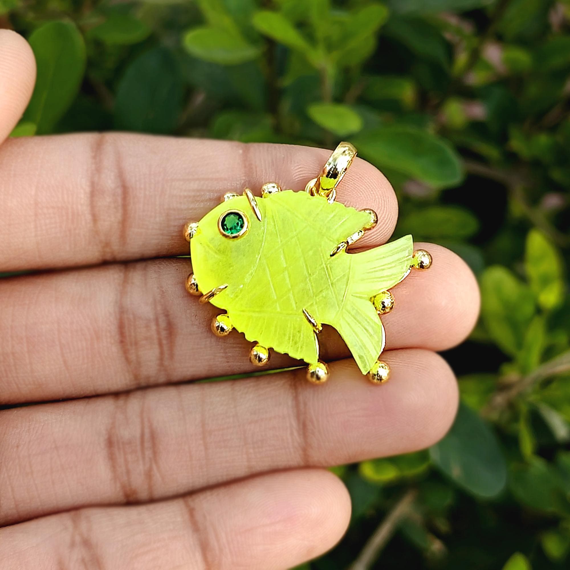 Prehnite Jade Fish Pendant, Carved Gemstone, Emerald CZ Eye