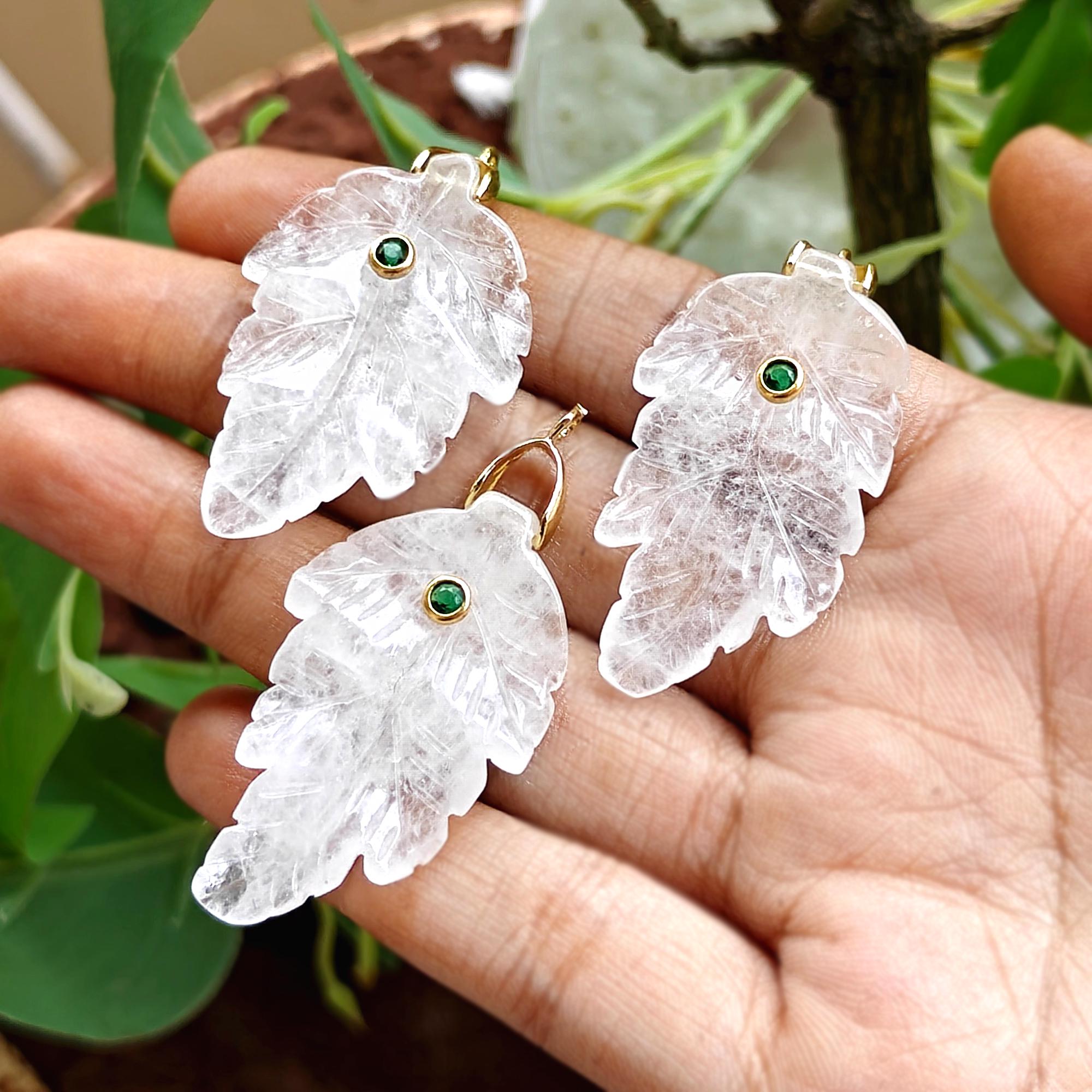 Crystal Quartz Leaf Carved Pendant, Gold Plated Emerald CZ Accent