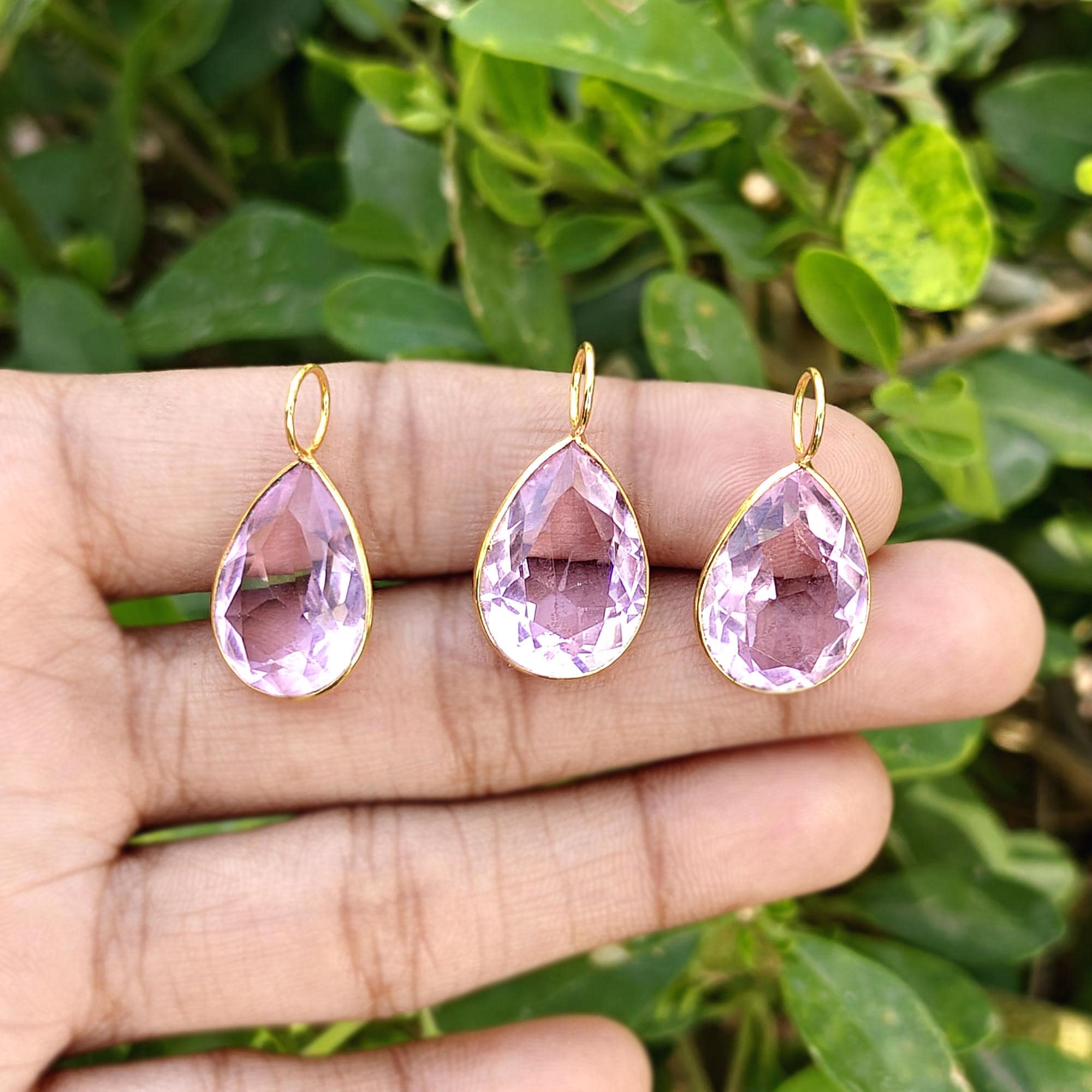 Pink Quartz Pear Cut Gemstone Pendant Charms, Gold Plated Bezel Necklace