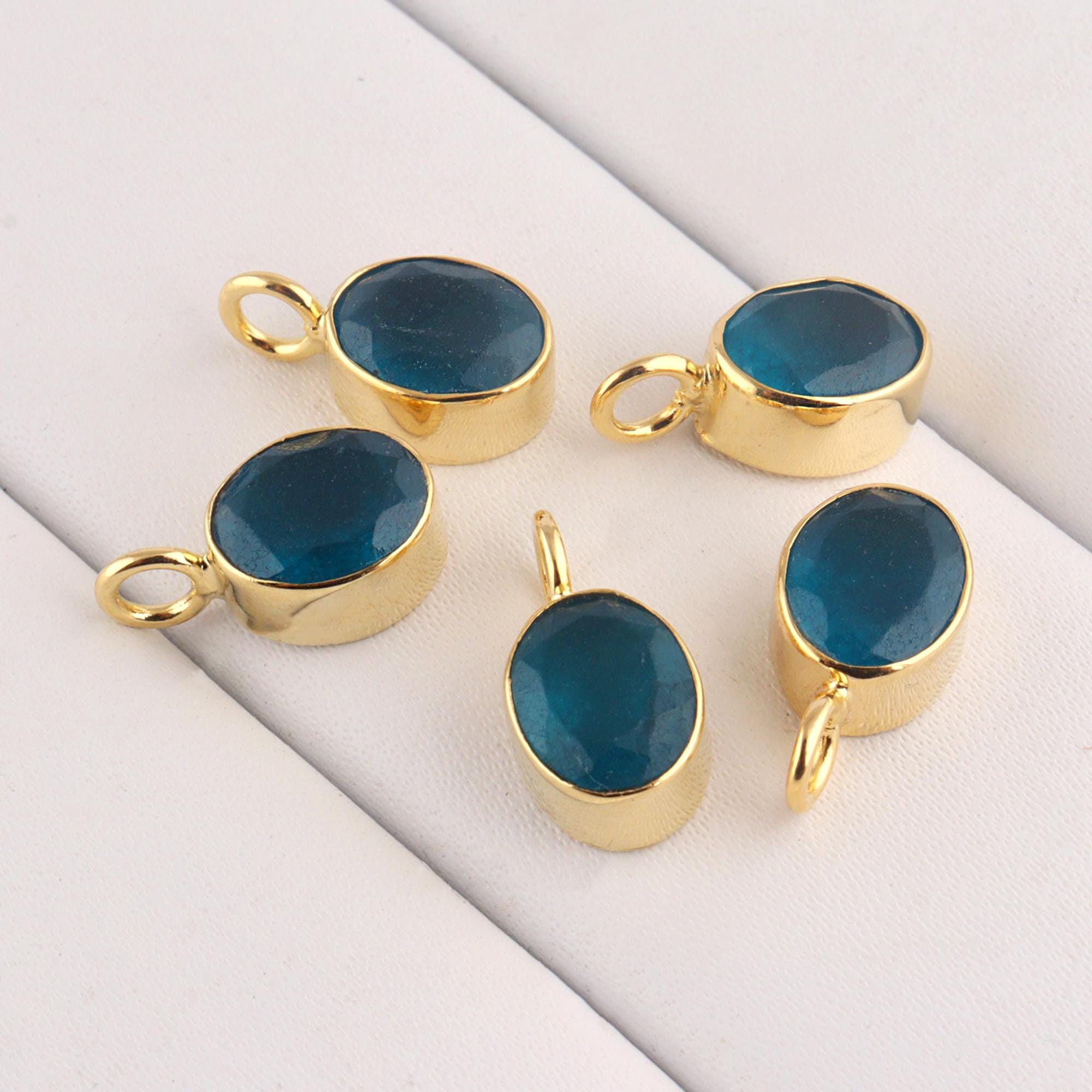 7x9mm Oval Faceted Cut Jade Gemstone Charms, Gold Plated Necklace Pendant 1 Piece
