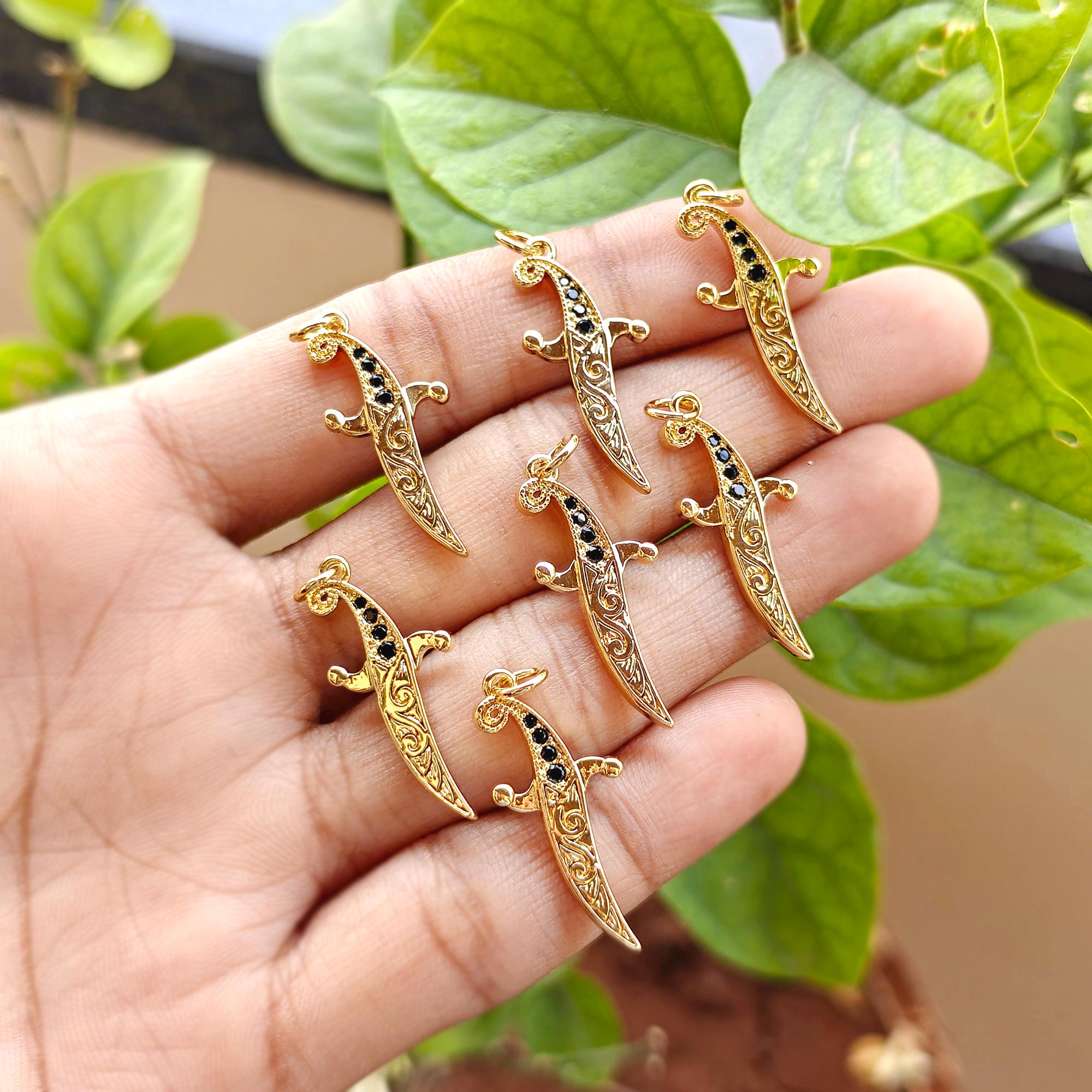 18k Gold Plated Dagger Pendant, Sword Charm with Black Stones