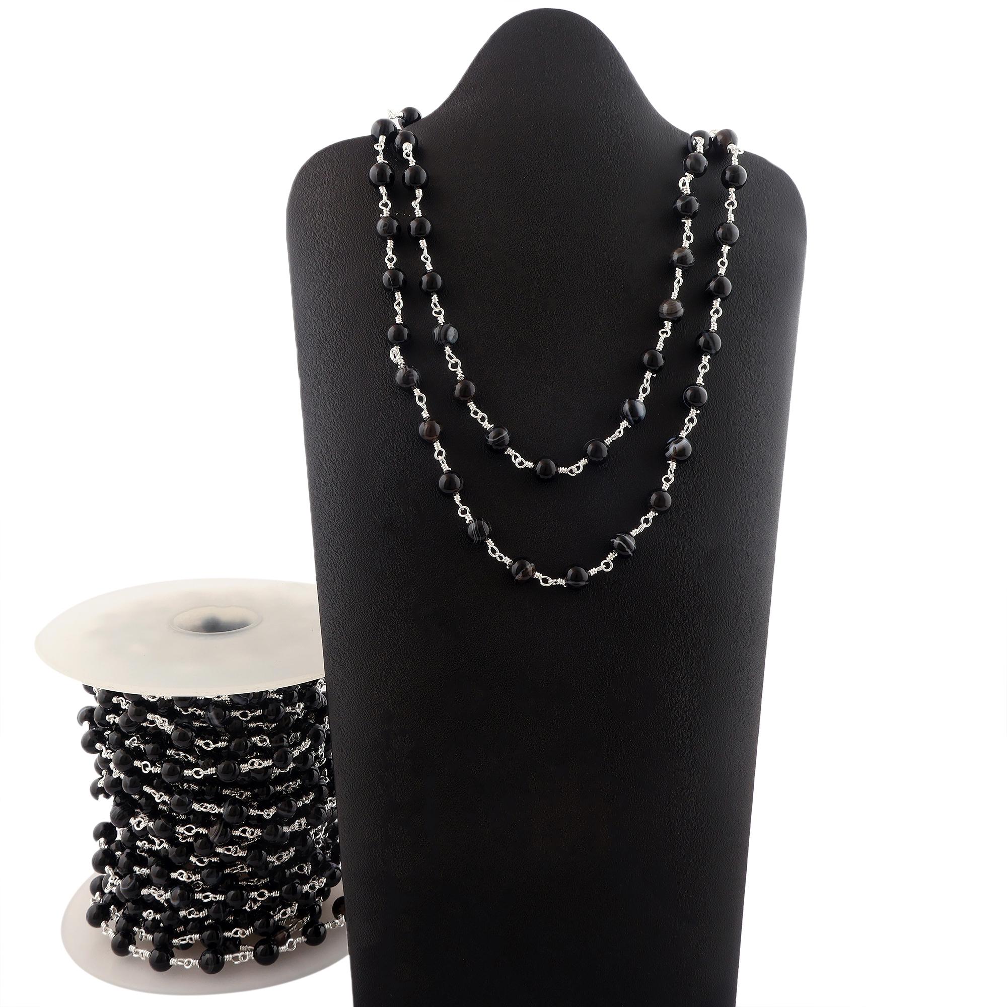 ブラックオニキスシルバーメッキロザリオチェーン - 6 mm DIY