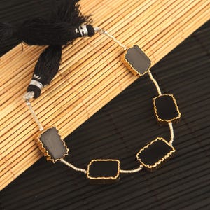 5 Pcs Natural Black Onyx Gemstone Beads, Gold Electroplated Rectangle Onyx Beads Strands For Jewelry Making, Onyx Beaded Jewelry Charms
