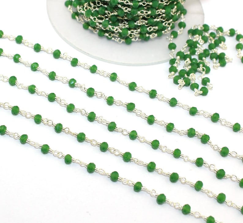 Wire Wrapped Rosary Chain Chain By Foot 3-3.5 mm Faceted Green Onyx Silver Plated Rosary Chain Beaded Chain Finding Beads Supplies