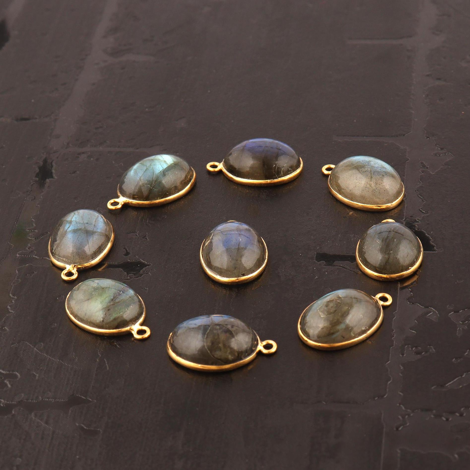 Labradorite Cabochon Pendant Charms, Gold Plated Earring Jewelry Connectors