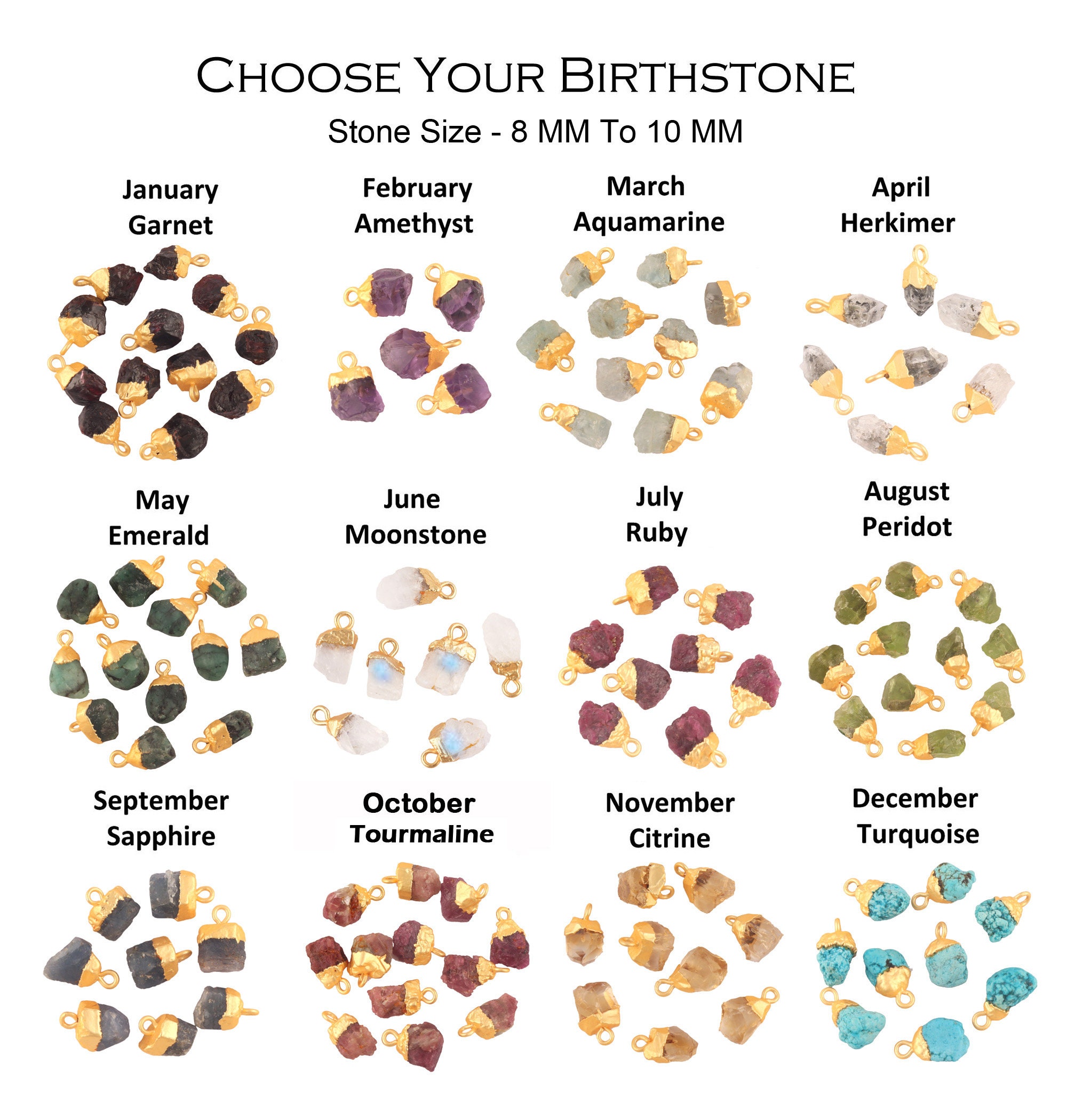 Raw Birthstone Pendant Charms, Matte Gold Electroplated Rough Gemstone Jewelry