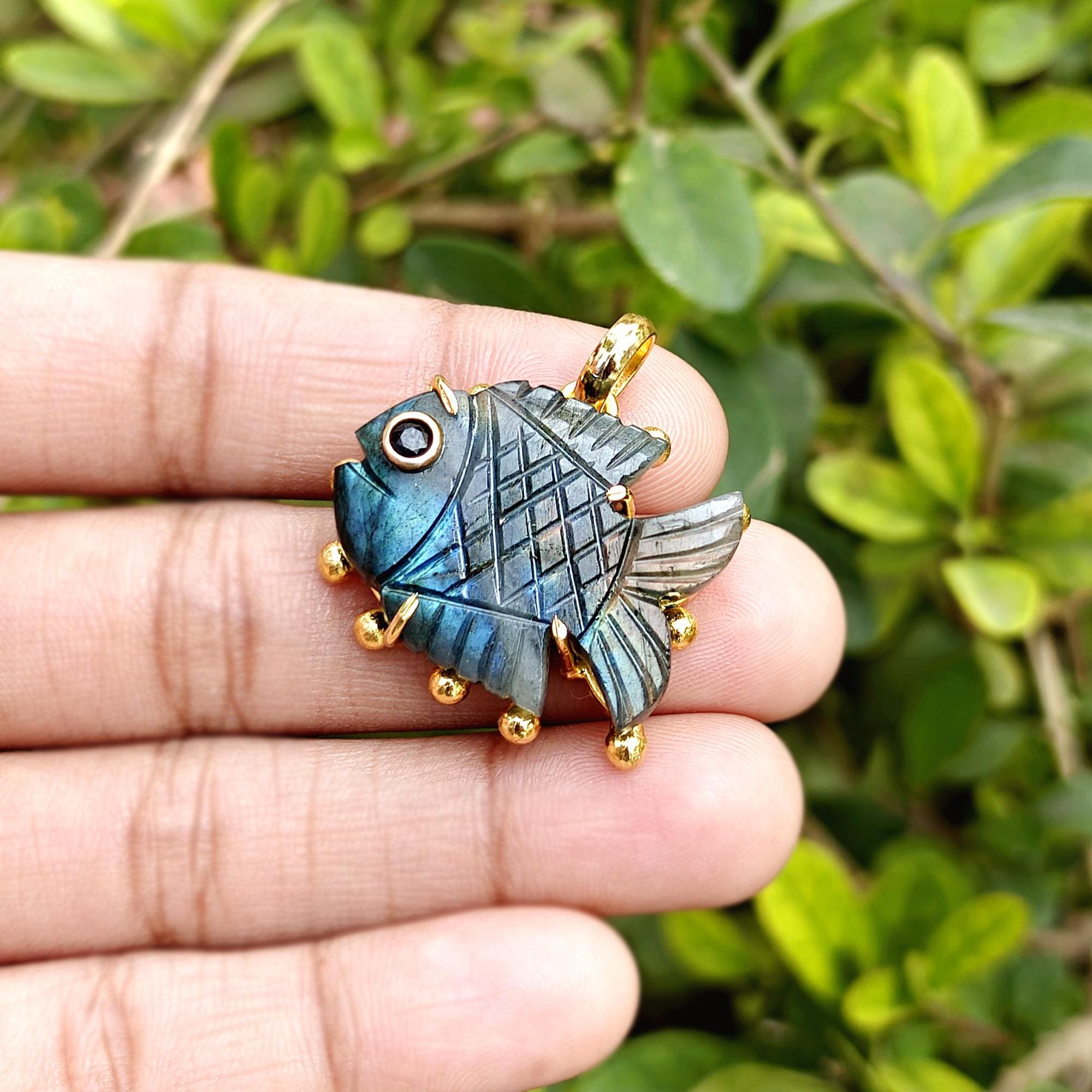 Labradorite Fish Pendant, Carved Gemstone Black CZ Eye Charms
