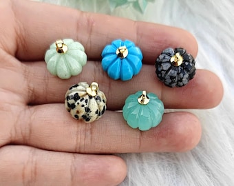 Turquiose Pumpkin Carved Pendant Charms, Gold Plated Chalcedony Gemstone Melon Carve Necklace Connector