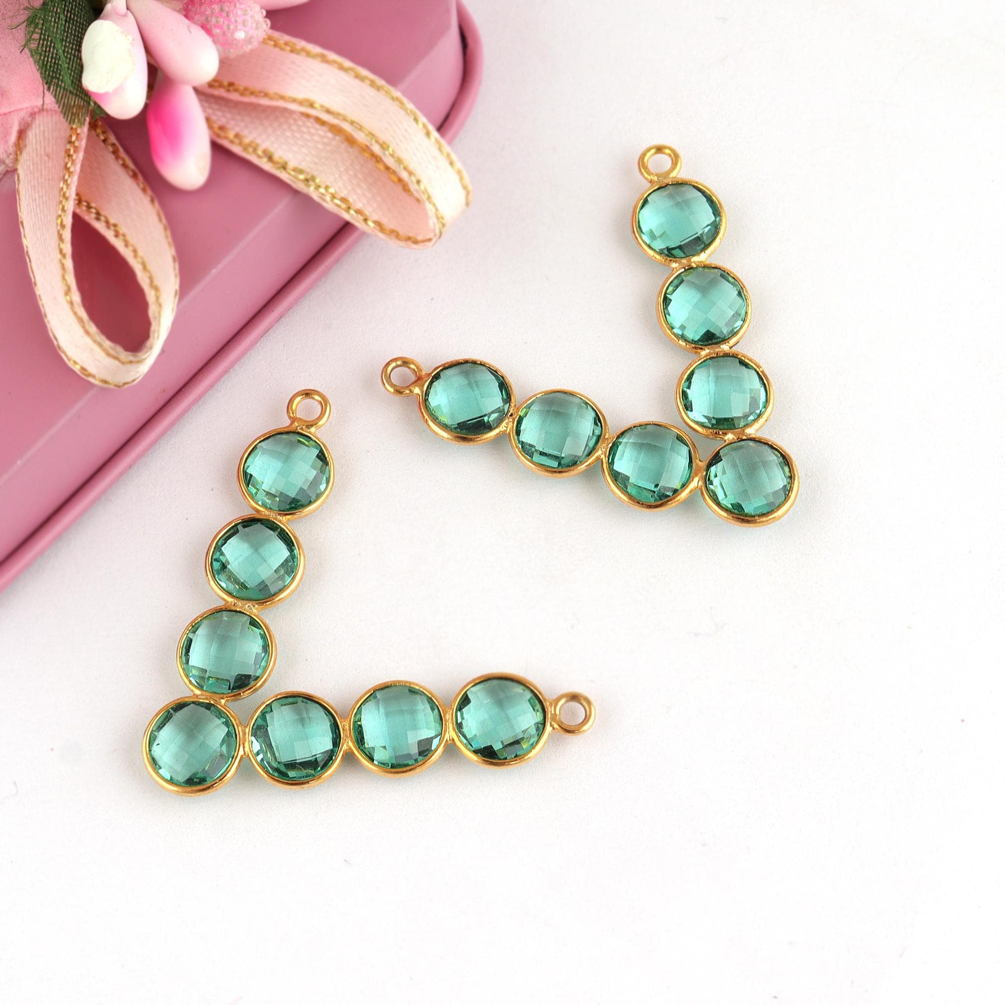 Gold Plated V-Shape Aqua Quartz Earring Connectors