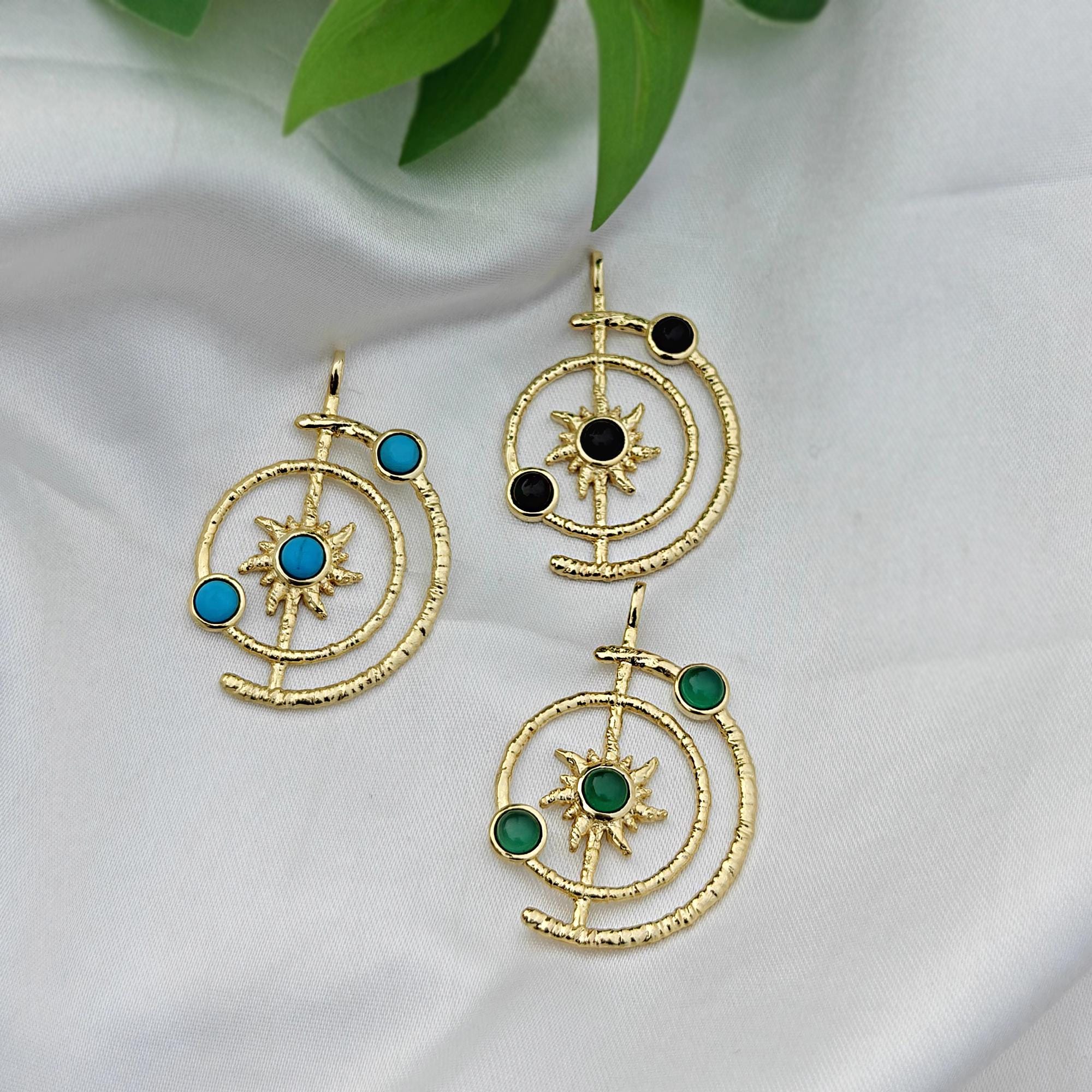 Turquoise Onyx Crecent Style Pendant, Gold Plated Necklace Connector