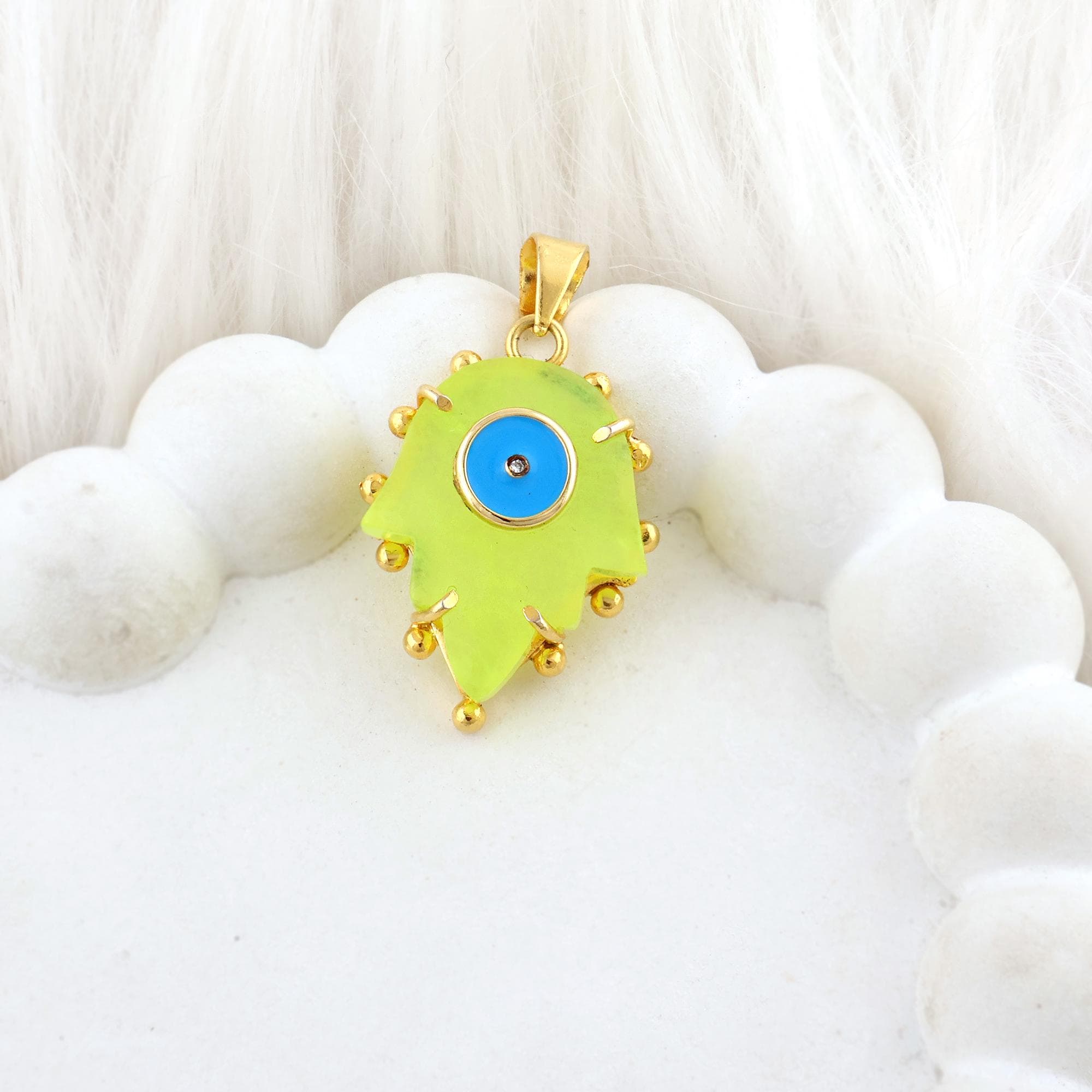 Prehnite Jade Hamsa Hand Charm, Gold-Plated Evil Eye Pendant Prong Set Necklace