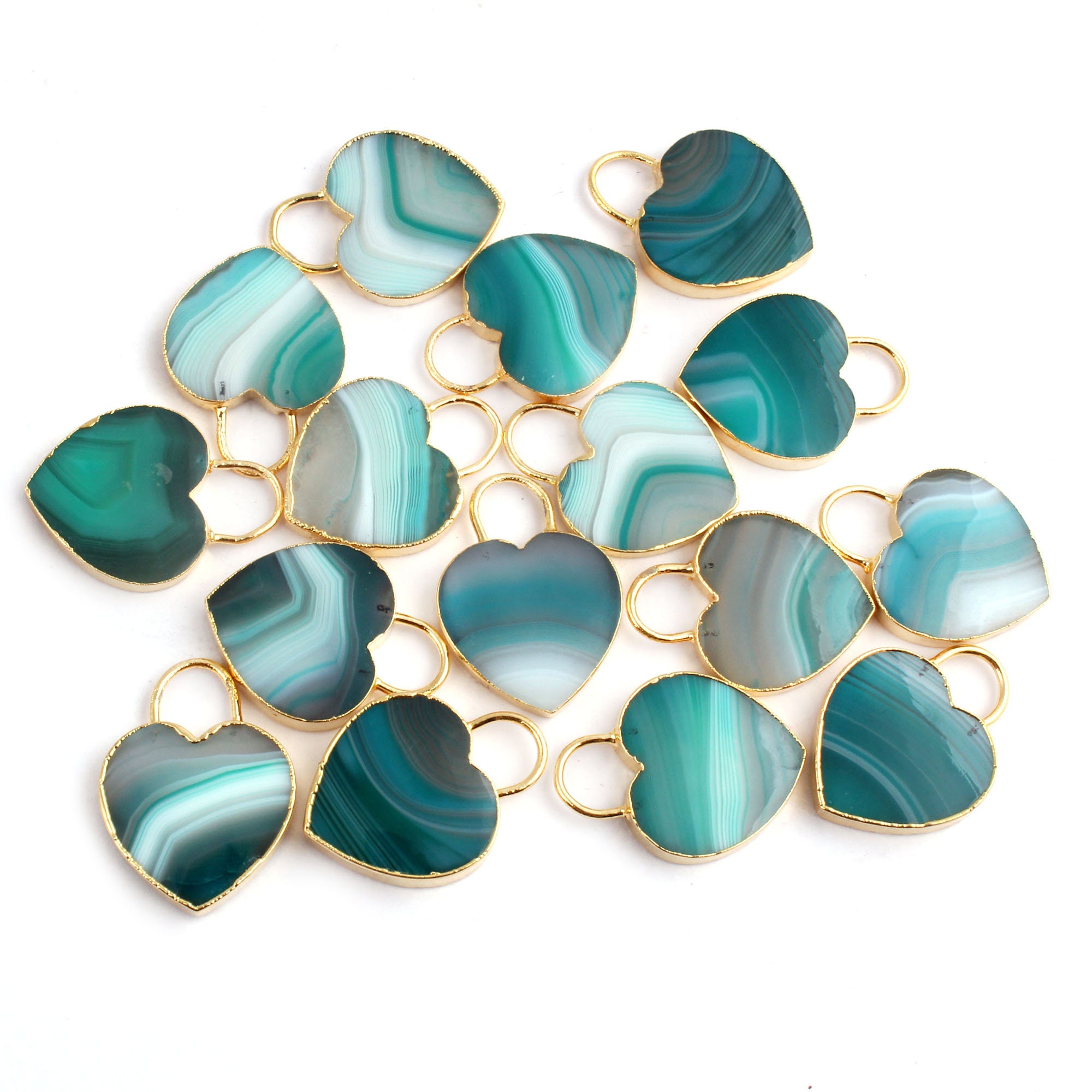 Green Botswana Agate Heart Pendant, Gold Electroplated Jewelry Connector