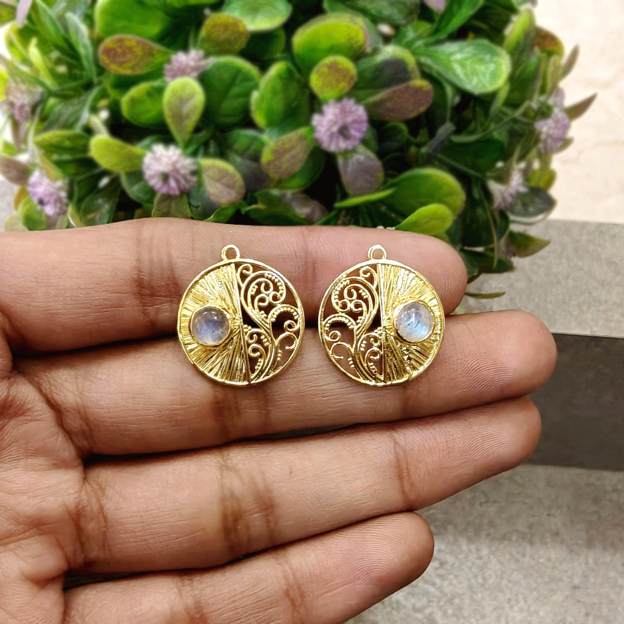 Moonstone, Onyx Gemstone Gold Plated Designer Round Earring Connectors