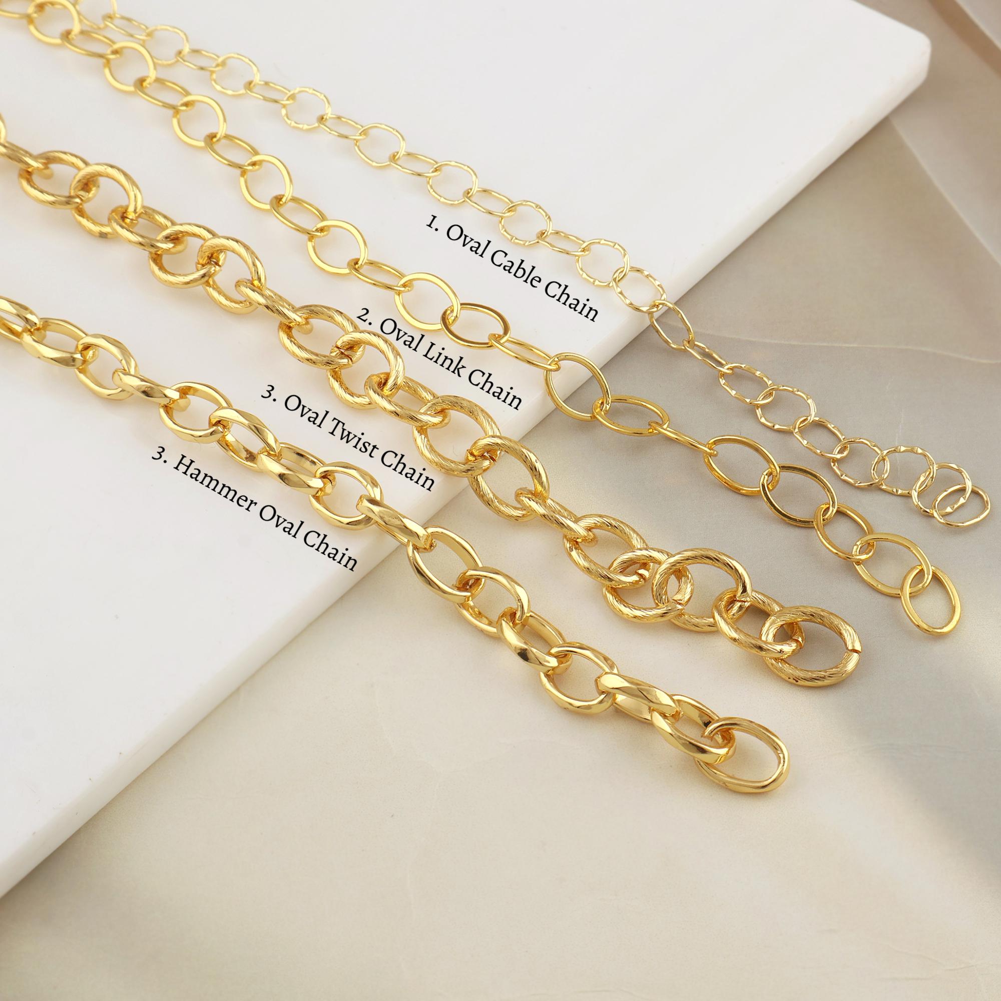 18k Gold Plated Hammer Oval Link Chain, Unfinished Cable Chain