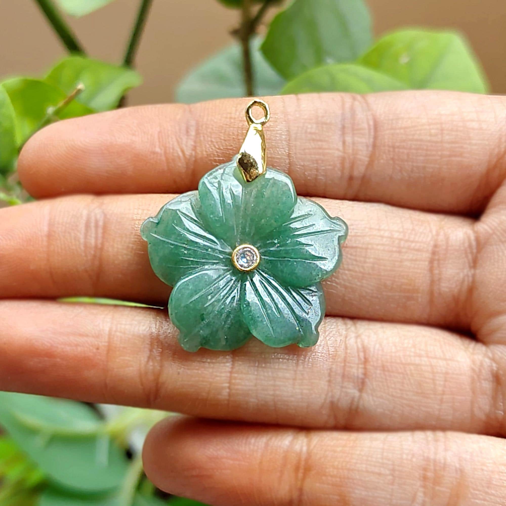 Carved Green Aventurine Flower Pendant with CZ, Gold Plated Bail