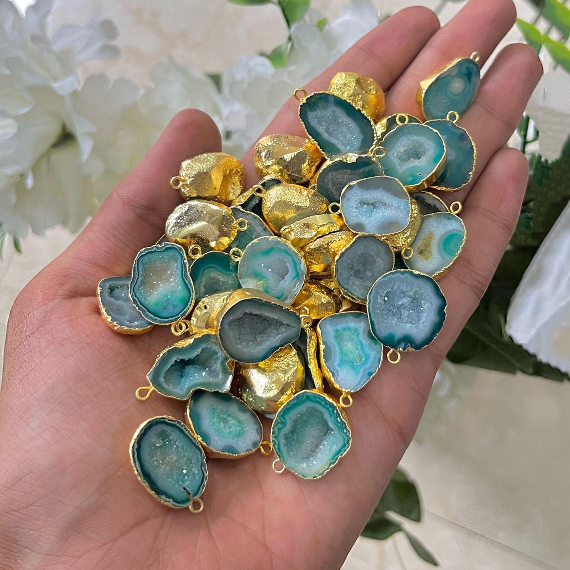 Green Geode Druzy Connector, Gold Electroplated Single Bail Jewelry