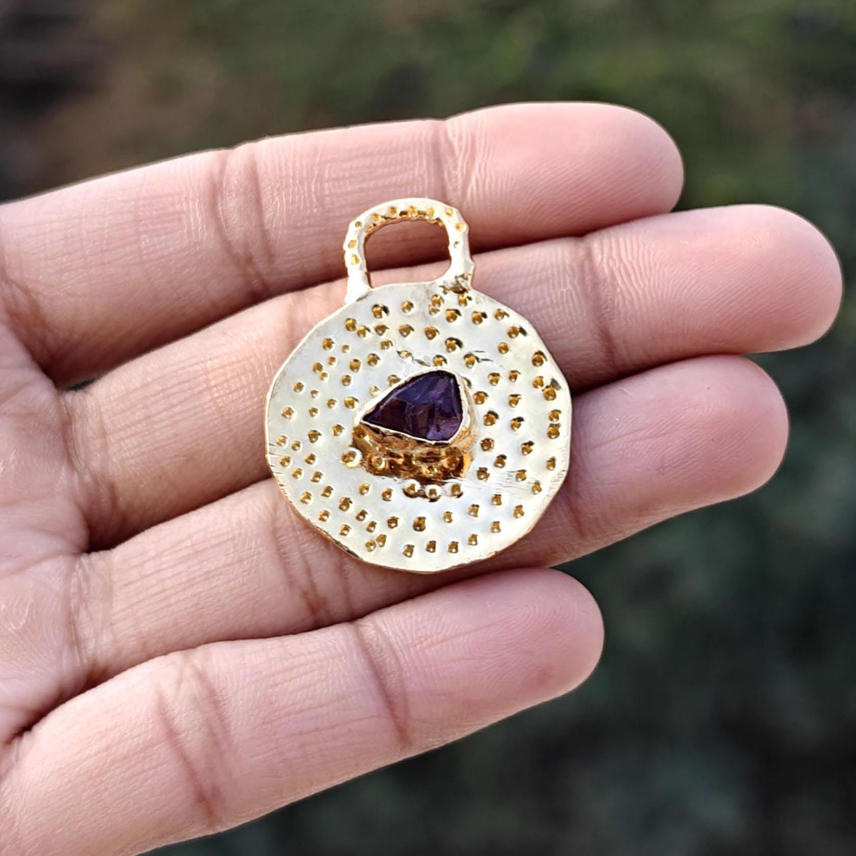 Raw Amethyst Pendant Charm, Gold Plated Hammered Design Connector 1 Piece