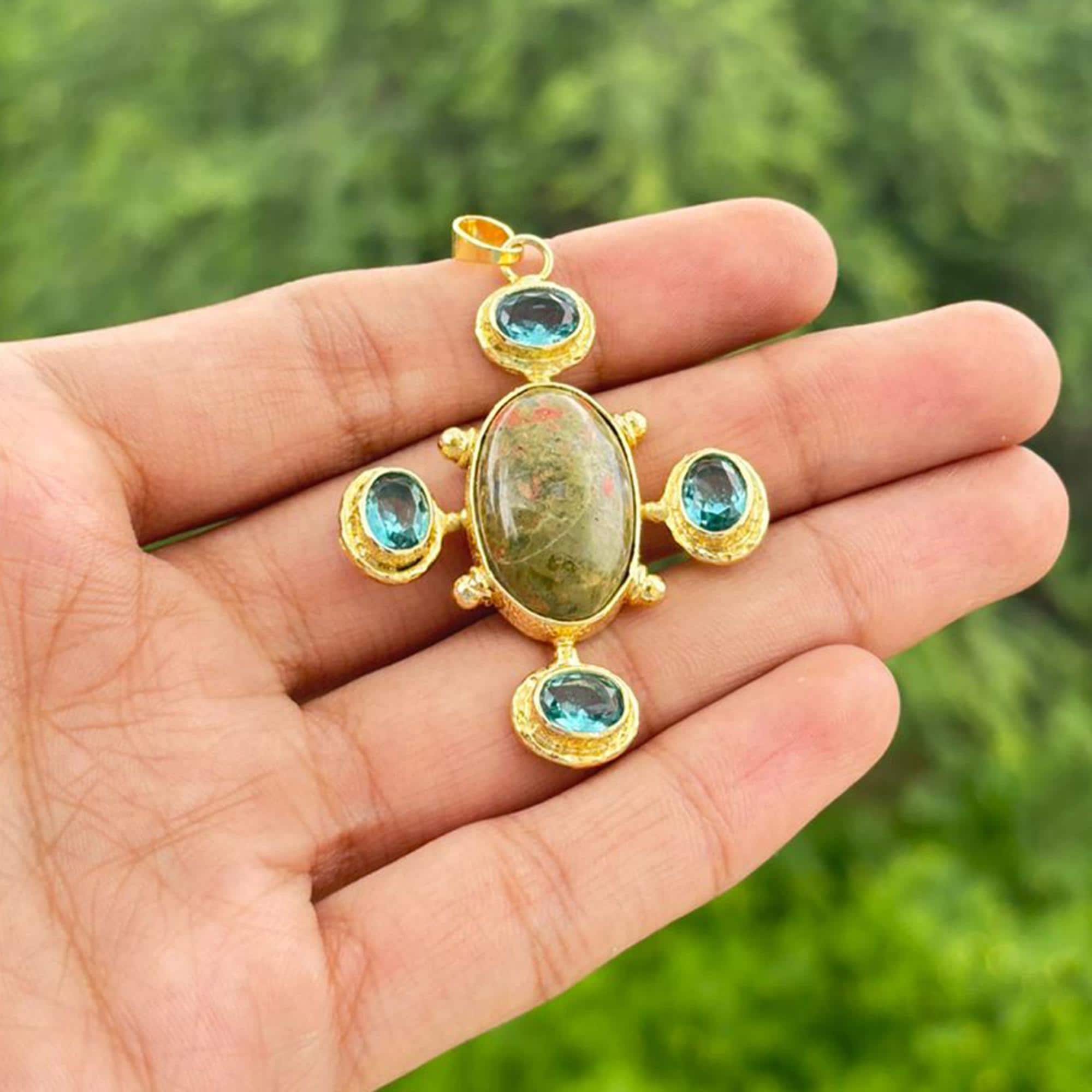 Natural Unakite Cross Pendant with Blue Quartz, Gold Plated Necklace (1 Piece)