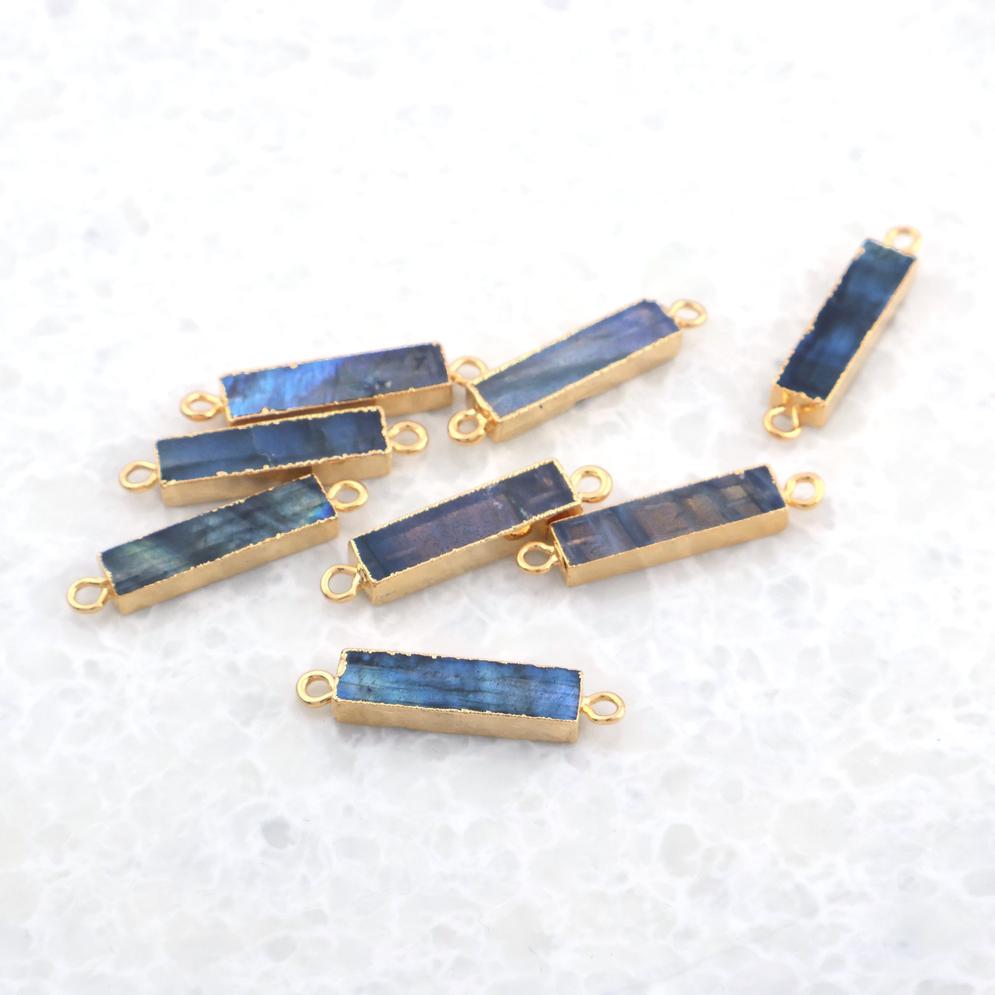 Labradorite Bar Pendant Charms, Gold Electroplated Double Bail 5x20mm