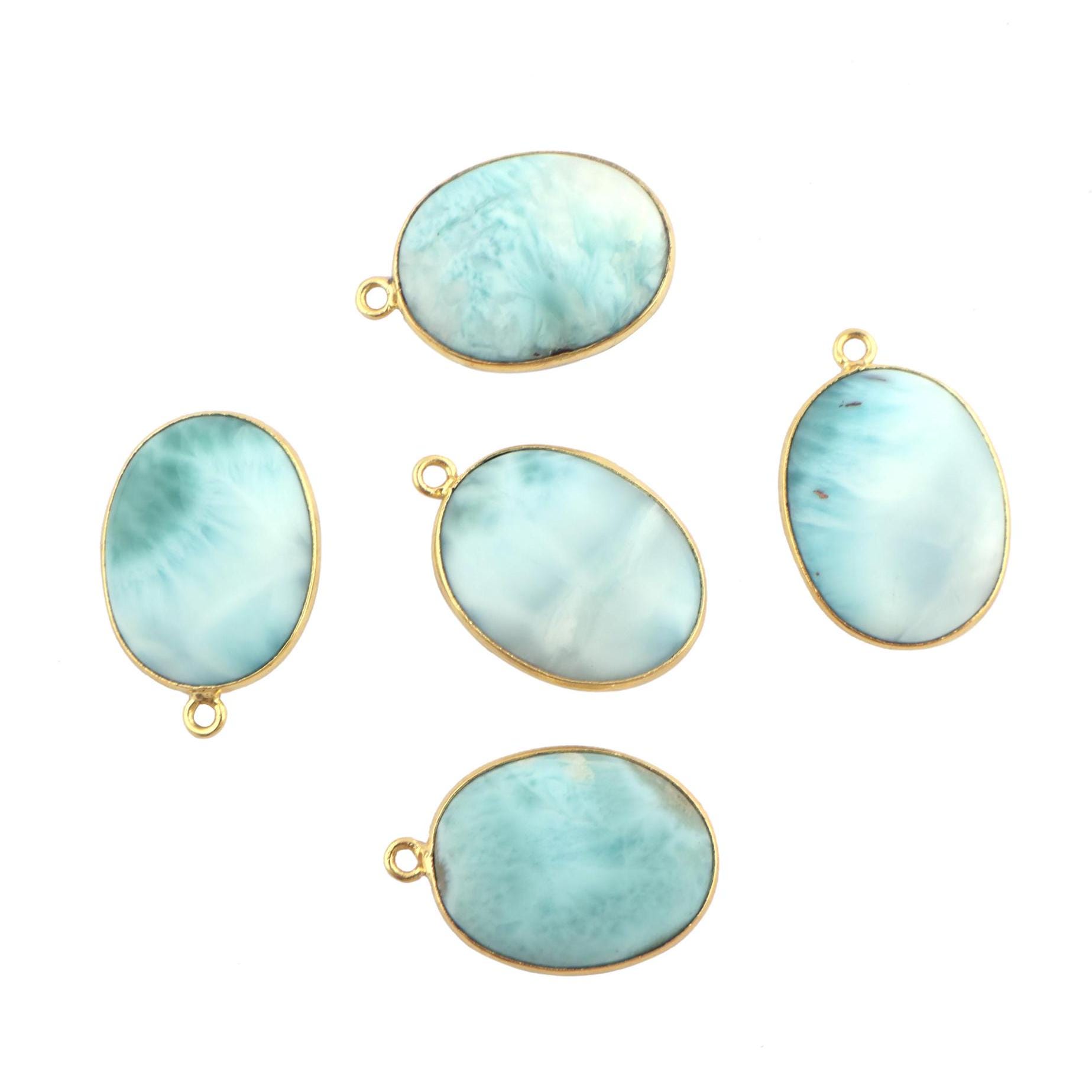 Natural Larimar Connectors, Gold Plated Oval Gemstone Cabochon Pendant Charms (5