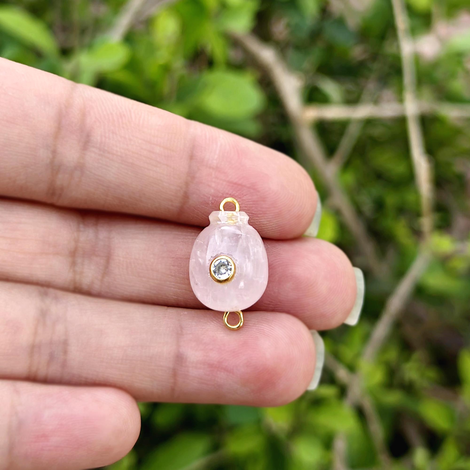 Natural Pink Rose Quartz Connector with CZ Accent, Gold Plated Mini Charms Jewelry