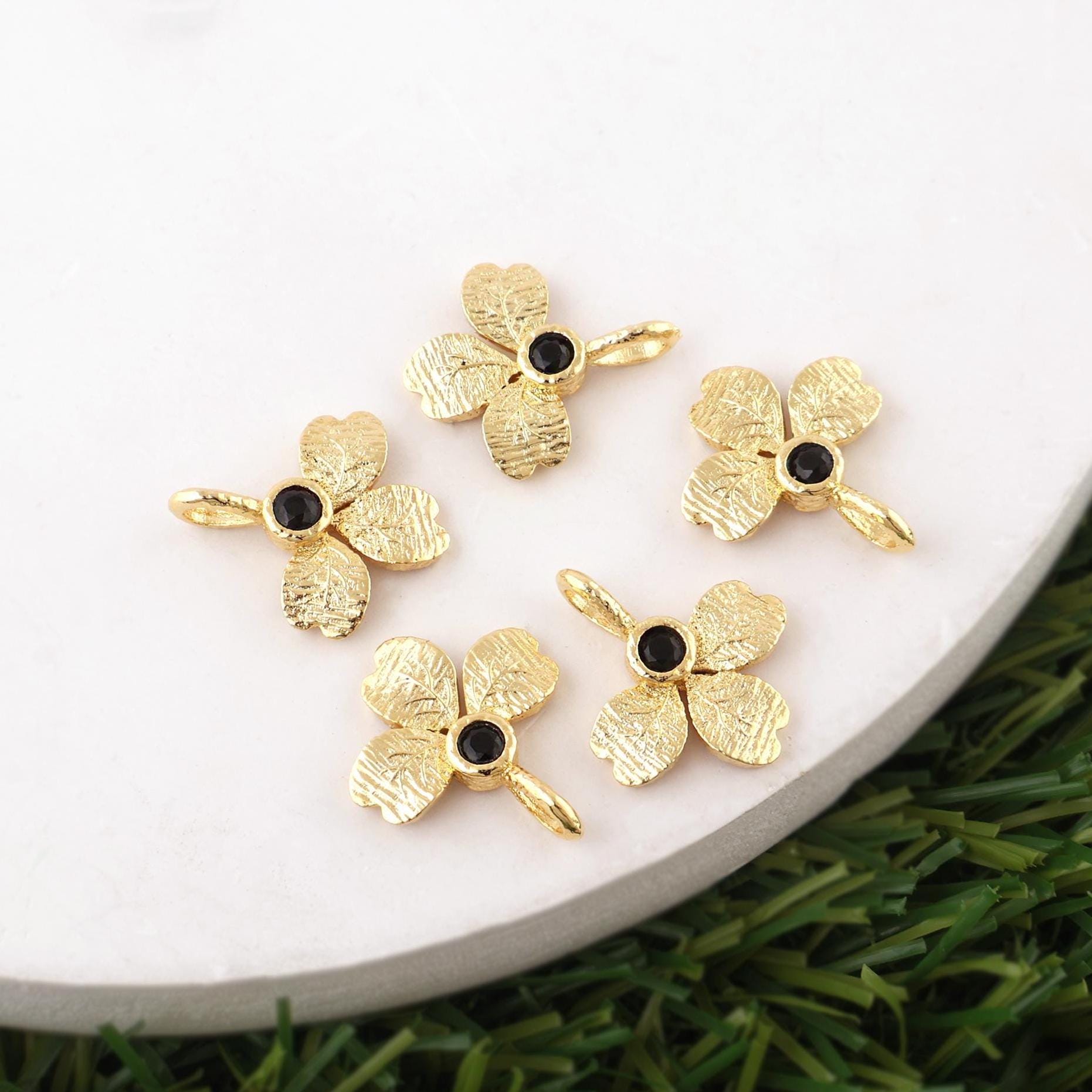 Tiny Round Black Quartz Flower Pendant Charm Brass Gold Plated Connector For