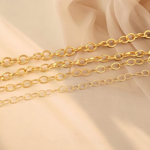 18k Gold Plated Hammer Oval Link Chain, Unfinished Cable Chain