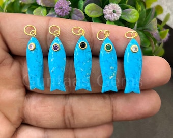Blue Turquoise Fish Pendant Carved Gemstone Necklace Charm with Tiny CZ Eye – Gold Plated Lucky Fish Jewelry Making Supply Selling One Piece