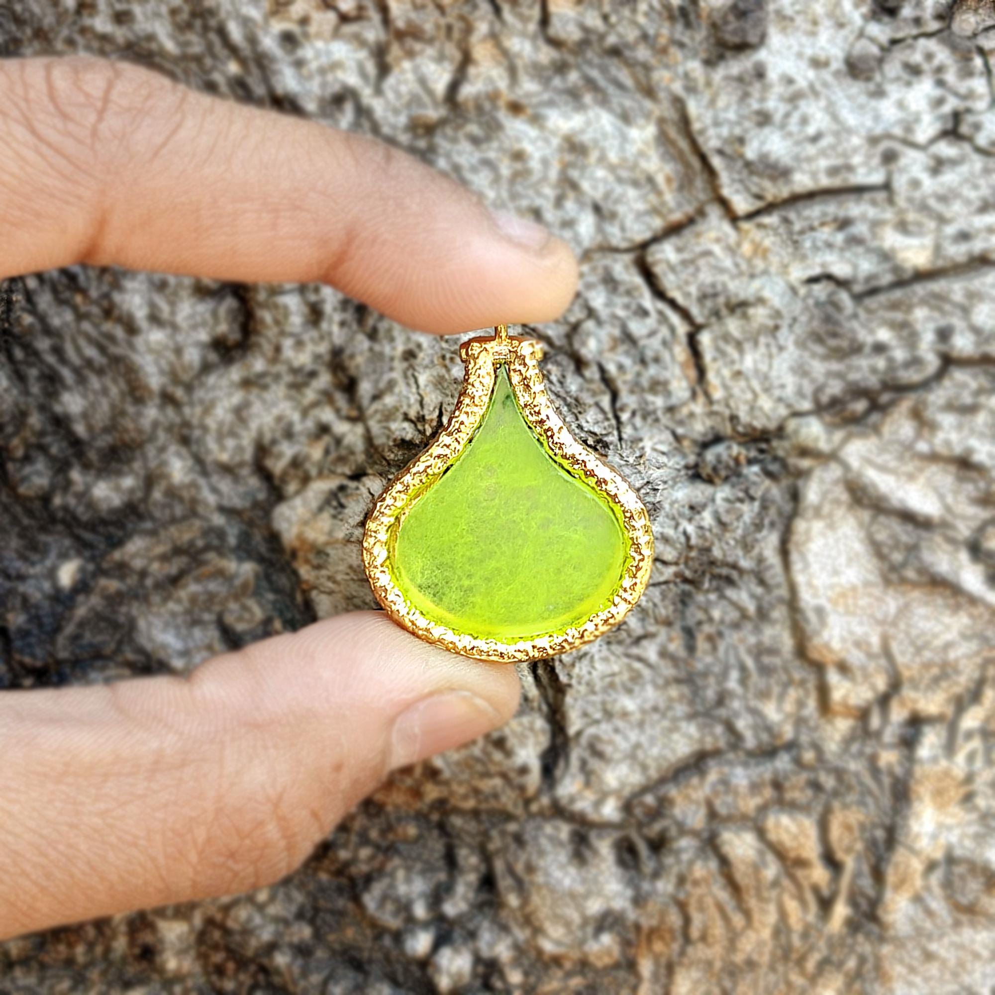 Prehnite Jade Teardrop Pendant Gold Plated Gemstone Necklace Charm Boho Jewelry