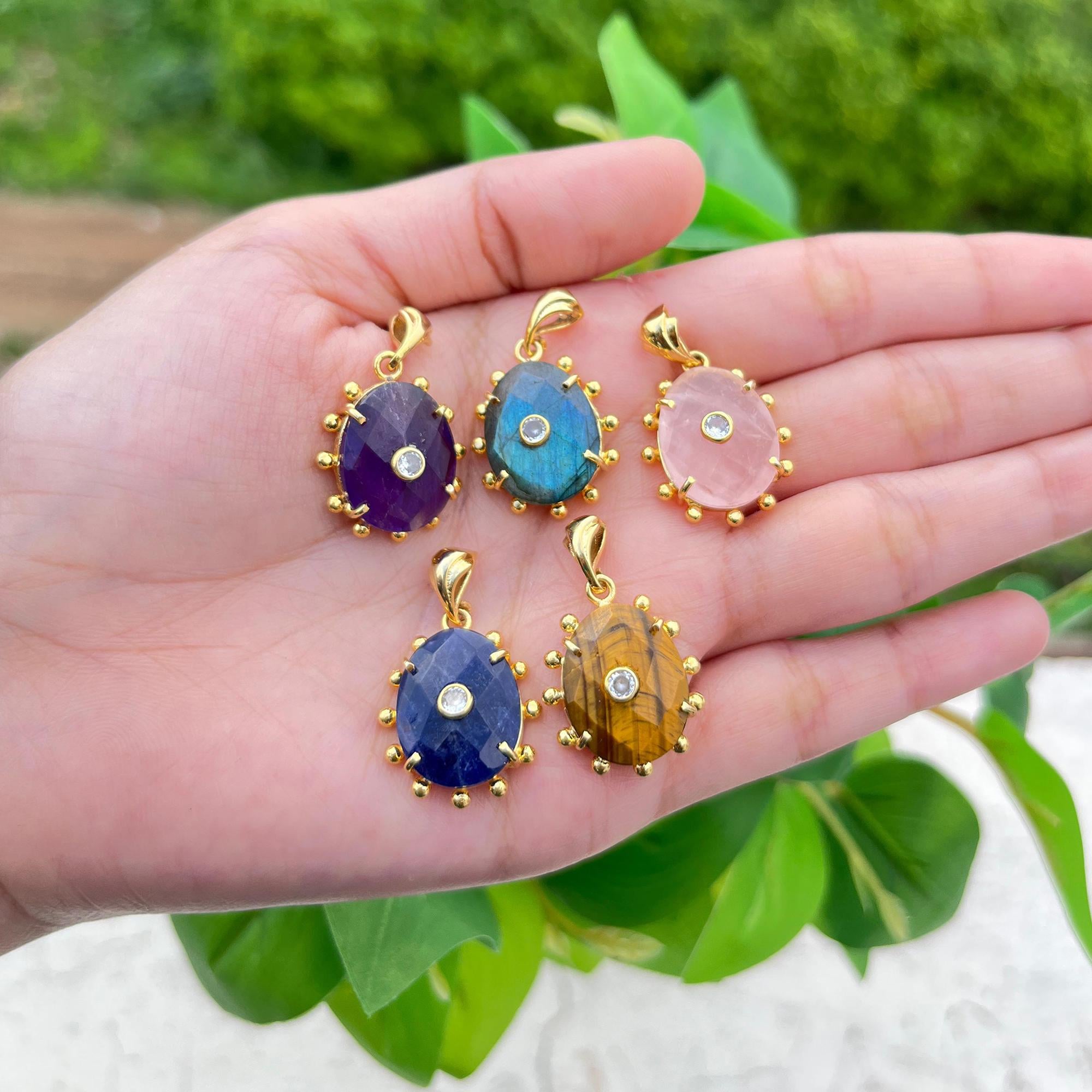 Gold Plated Gemstone Pendant Charm, CZ Double Stone Connector