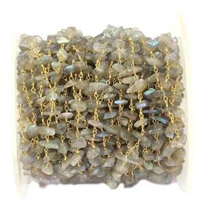 5-7 mm Labradorite Nugget Gold Plated Rosary Chain, Wire Wrapped Rosary Chain, Beaded Chain, Chain By Foot, Free Form Gemstone Supplies