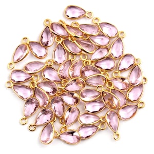 Pear Shape Lite Pink Quartz Gold Plated Connectors, Bezel Connectors, Single Bail Connectors, Hydro Quartz Connectors, Faceted Cut Stones