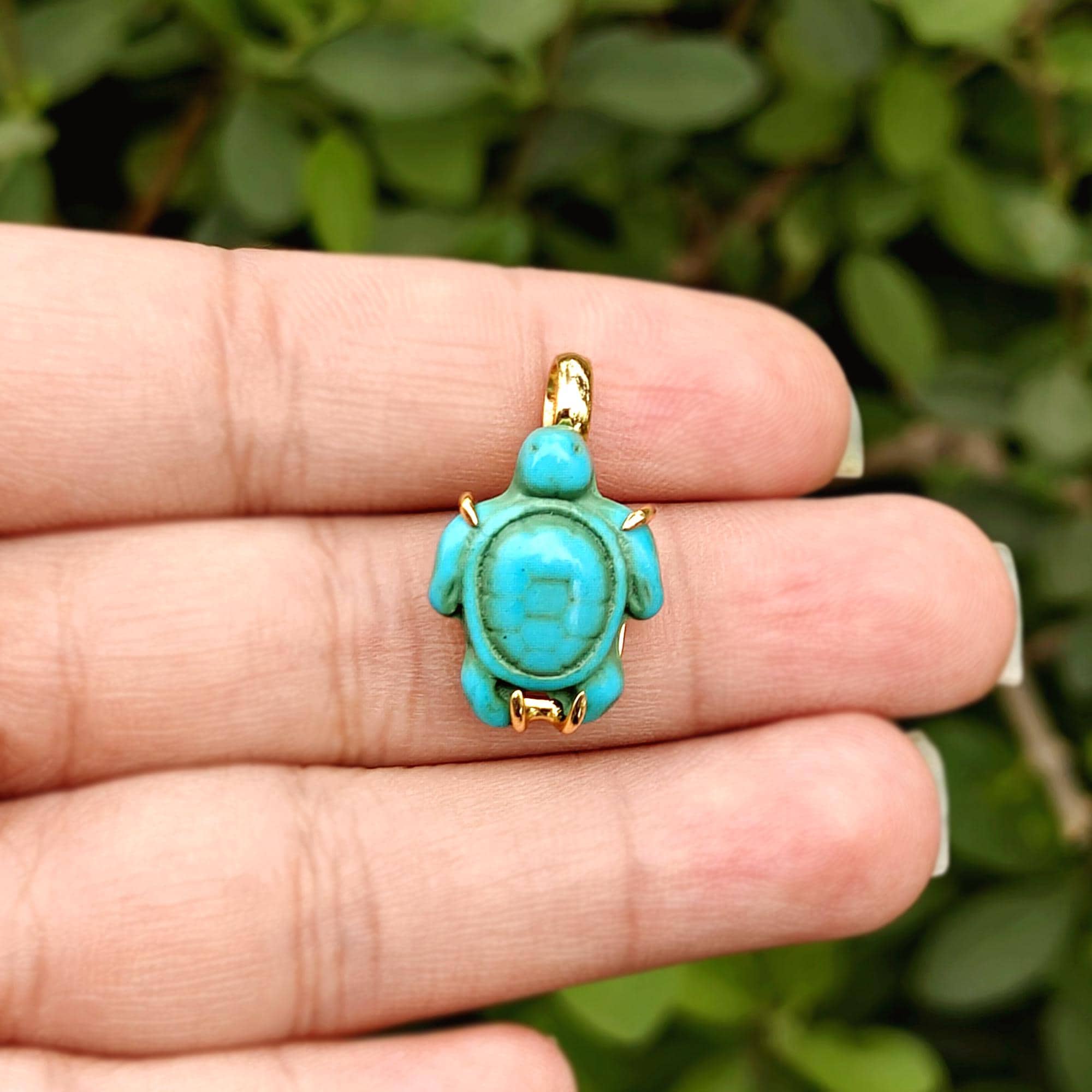 Turquoise Turtle Pendant Charm, Gold Plated Prong Set Jewelry
