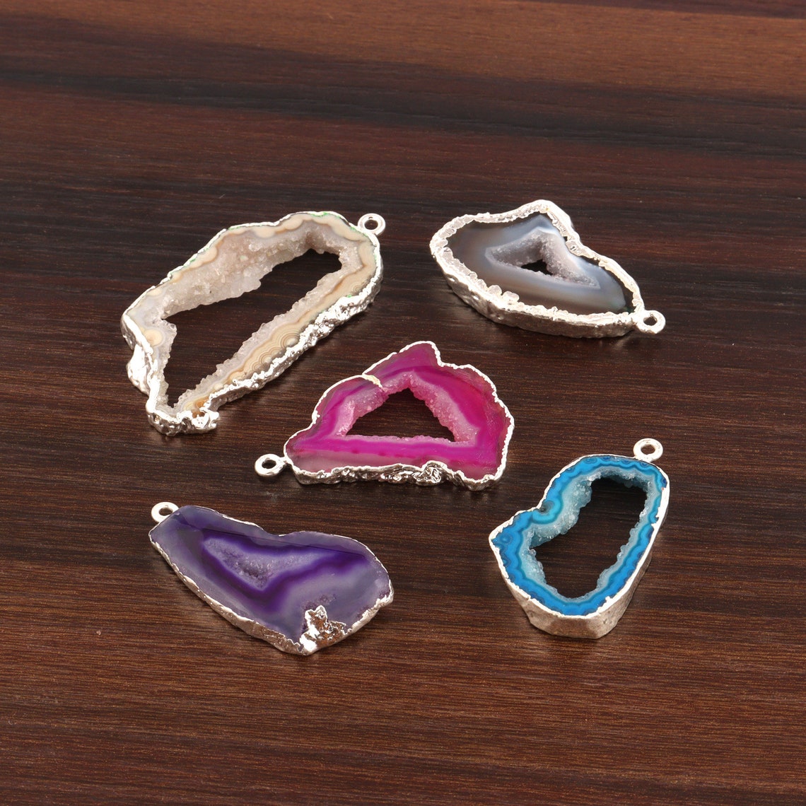 5 Pcs Of Mixed Natural Geode Slice Connectors Geode Slice Etsy